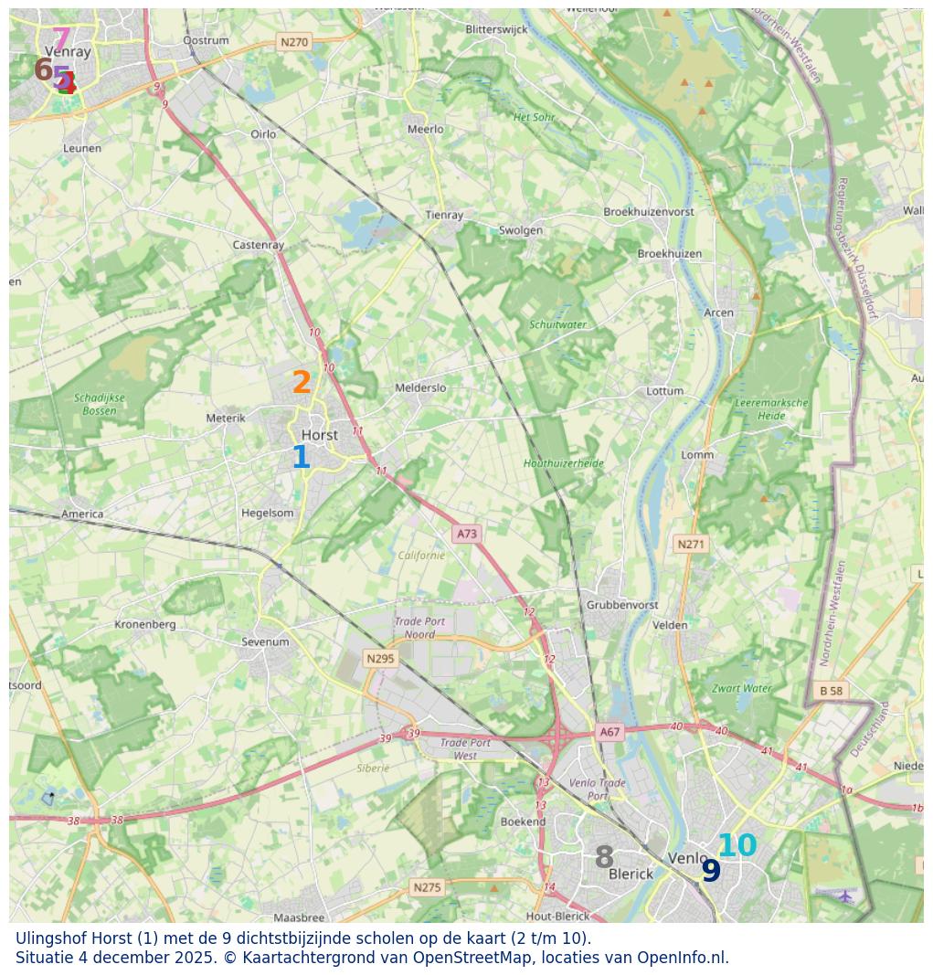 Kaart van de school met de tien dichtsbijzijnde scholen. Hierbij zijn de scholen genummerd van 1 tot en met 10. Nummer 1 is toegekend aan de schoolvestiging zelf: Ulingshof Horst.