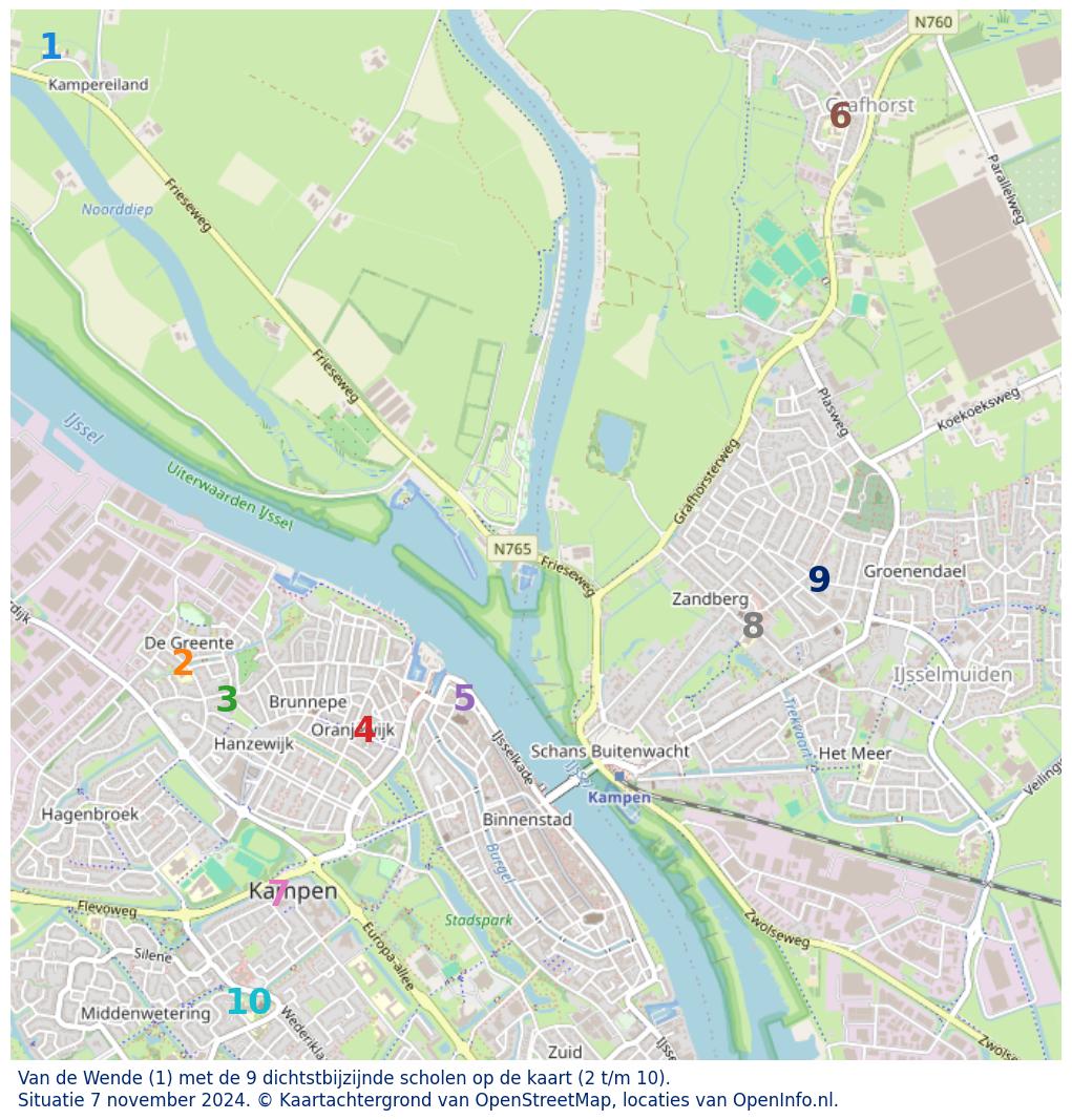 Kaart van de school met de tien dichtsbijzijnde scholen. Hierbij zijn de scholen genummerd van 1 tot en met 10. Nummer 1 is toegekend aan de schoolvestiging zelf: Van de Wende.