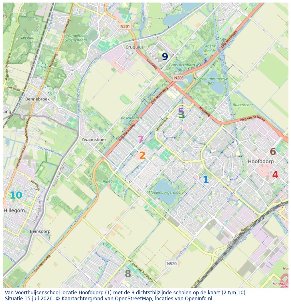 Kaart van de school met de tien dichtsbijzijnde scholen. Hierbij zijn de scholen genummerd van 1 tot en met 10. Nummer 1 is toegekend aan de schoolvestiging zelf: Van Voorthuijsenschool locatie Hoofddorp.