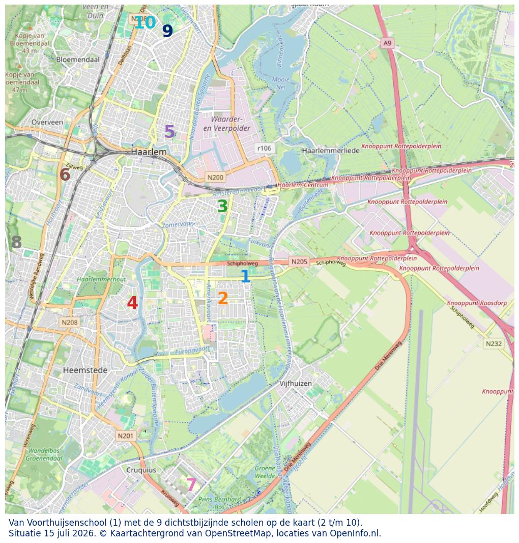 Kaart van de school met de tien dichtsbijzijnde scholen. Hierbij zijn de scholen genummerd van 1 tot en met 10. Nummer 1 is toegekend aan de schoolvestiging zelf: Van Voorthuijsenschool.
