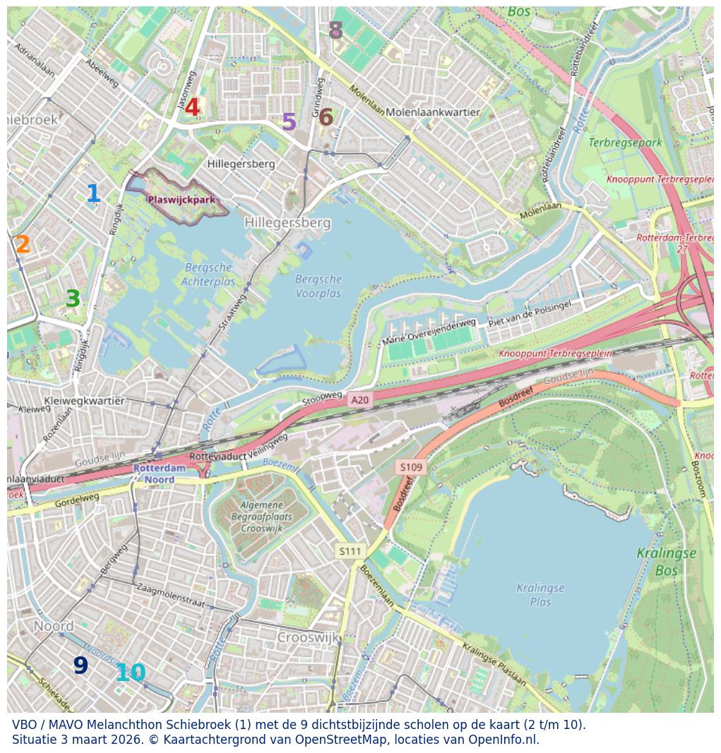 Kaart van de school met de tien dichtsbijzijnde scholen. Hierbij zijn de scholen genummerd van 1 tot en met 10. Nummer 1 is toegekend aan de schoolvestiging zelf: VBO / MAVO Melanchthon Schiebroek.