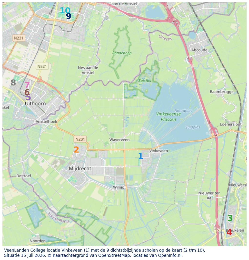 Kaart van de school met de tien dichtsbijzijnde scholen. Hierbij zijn de scholen genummerd van 1 tot en met 10. Nummer 1 is toegekend aan de schoolvestiging zelf: VeenLanden College locatie Vinkeveen.
