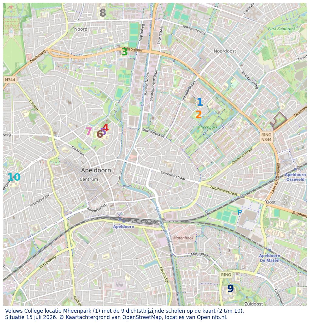 Kaart van de school met de tien dichtsbijzijnde scholen. Hierbij zijn de scholen genummerd van 1 tot en met 10. Nummer 1 is toegekend aan de schoolvestiging zelf: Veluws College locatie Mheenpark.