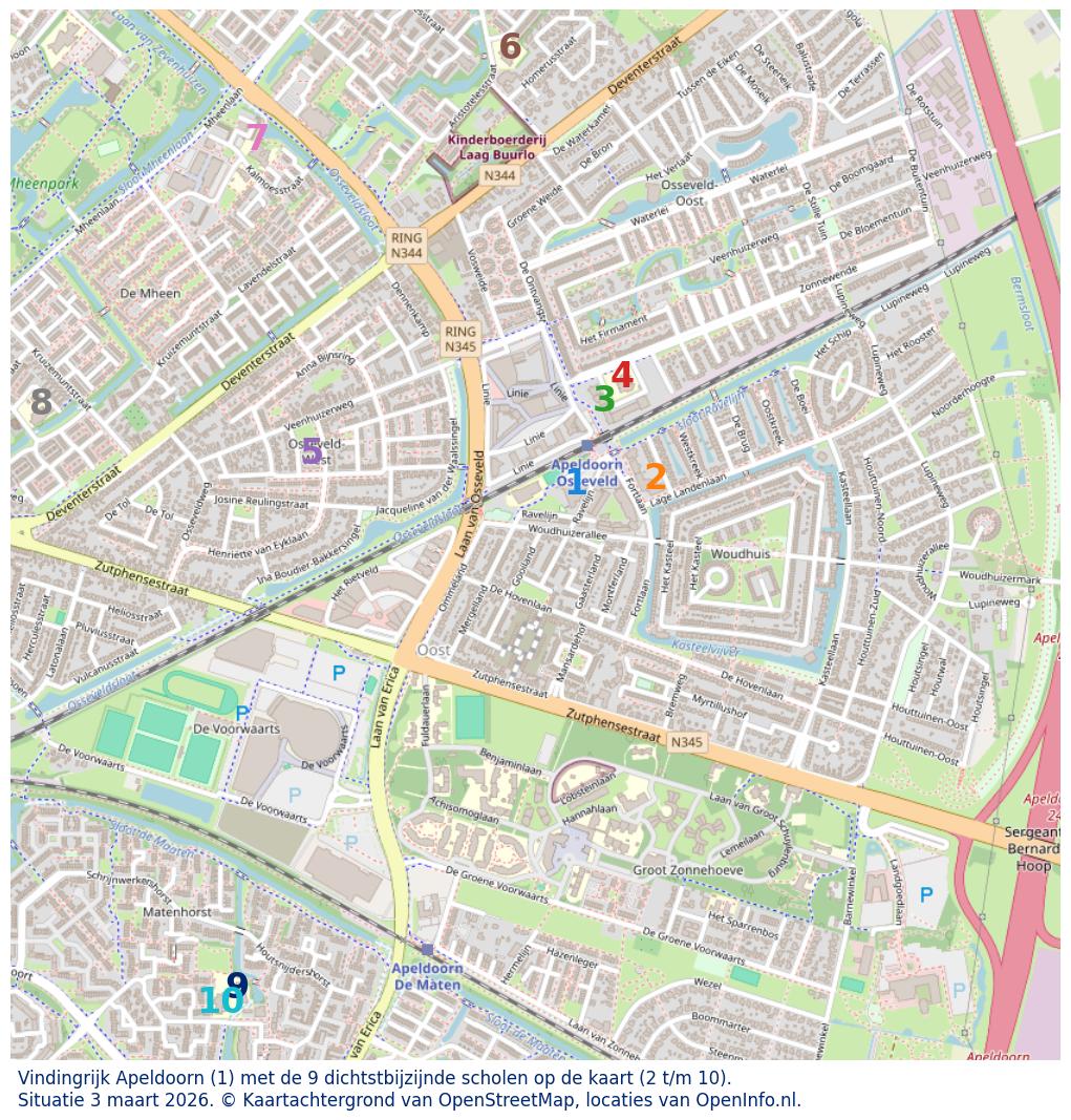Kaart van de school met de tien dichtsbijzijnde scholen. Hierbij zijn de scholen genummerd van 1 tot en met 10. Nummer 1 is toegekend aan de schoolvestiging zelf: Vindingrijk Apeldoorn.