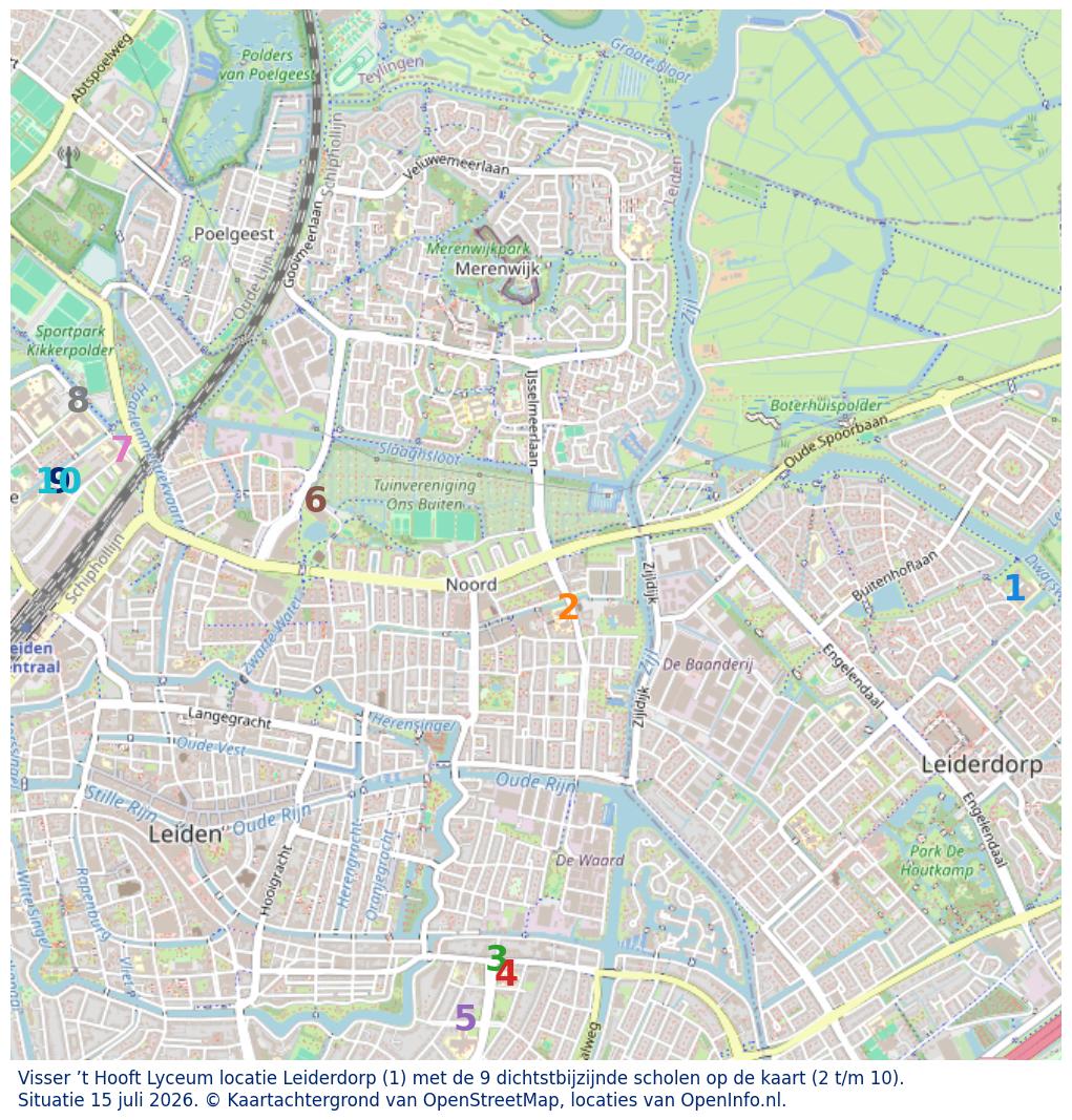 Kaart van de school met de tien dichtsbijzijnde scholen. Hierbij zijn de scholen genummerd van 1 tot en met 10. Nummer 1 is toegekend aan de schoolvestiging zelf: Visser ’t Hooft Lyceum locatie Leiderdorp.