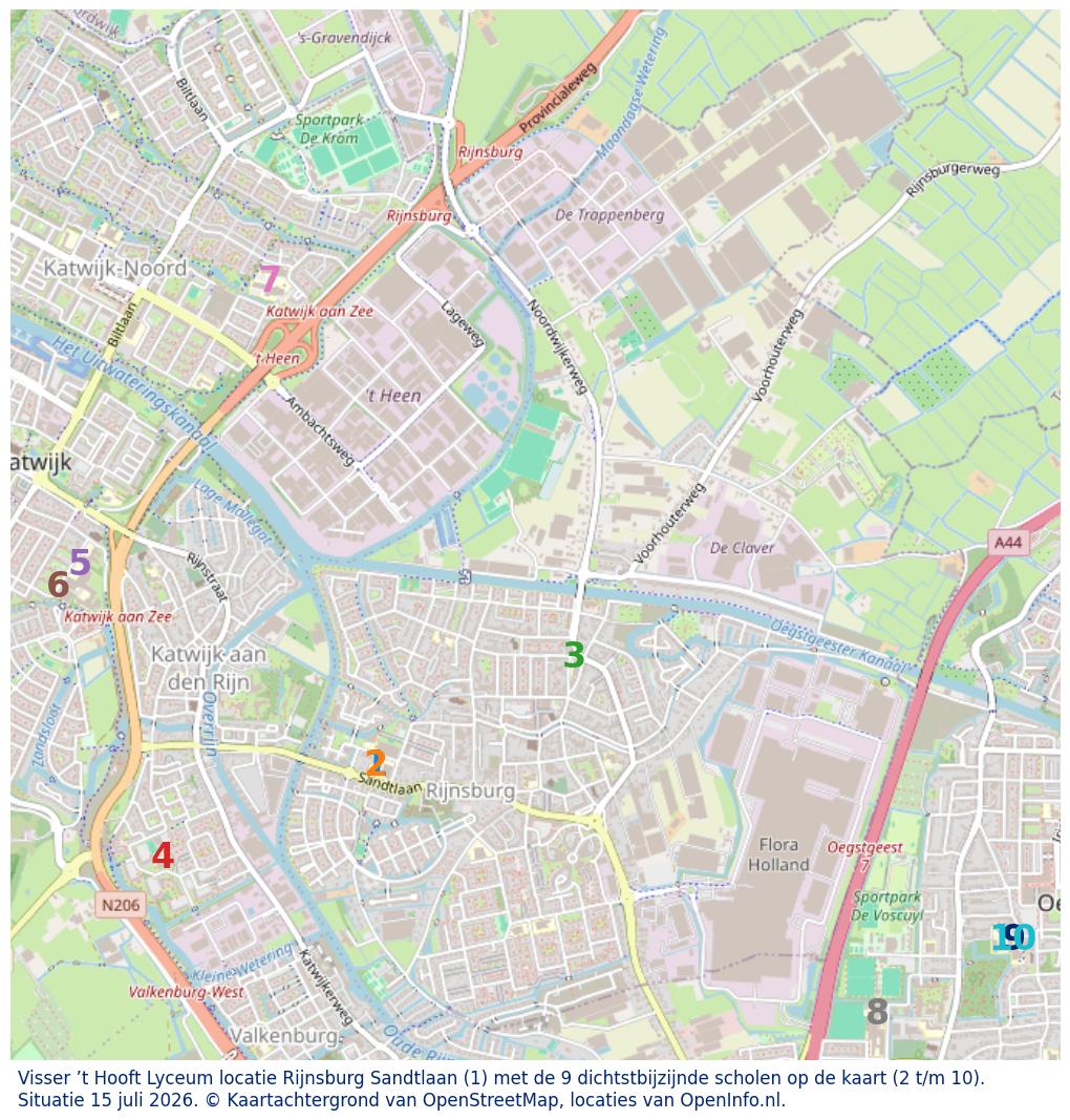 Kaart van de school met de tien dichtsbijzijnde scholen. Hierbij zijn de scholen genummerd van 1 tot en met 10. Nummer 1 is toegekend aan de schoolvestiging zelf: Visser ’t Hooft Lyceum locatie Rijnsburg Sandtlaan.
