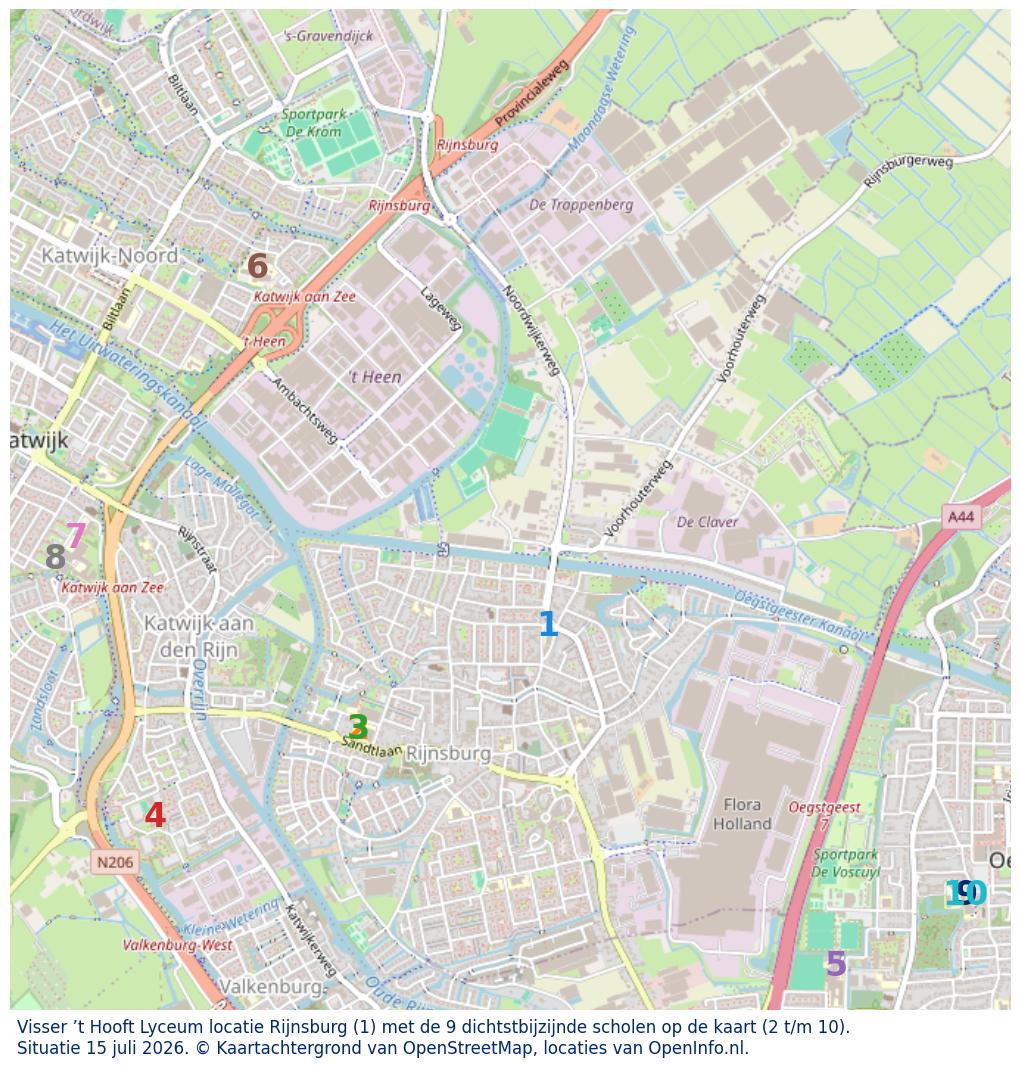 Kaart van de school met de tien dichtsbijzijnde scholen. Hierbij zijn de scholen genummerd van 1 tot en met 10. Nummer 1 is toegekend aan de schoolvestiging zelf: Visser ’t Hooft Lyceum locatie Rijnsburg.