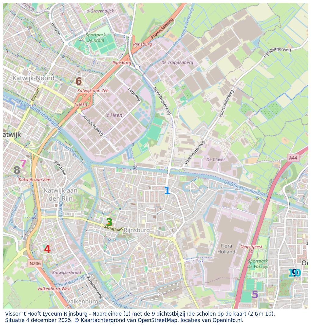 Kaart van de school met de tien dichtsbijzijnde scholen. Hierbij zijn de scholen genummerd van 1 tot en met 10. Nummer 1 is toegekend aan de schoolvestiging zelf: Visser ’t Hooft Lyceum Rijnsburg - Noordeinde.