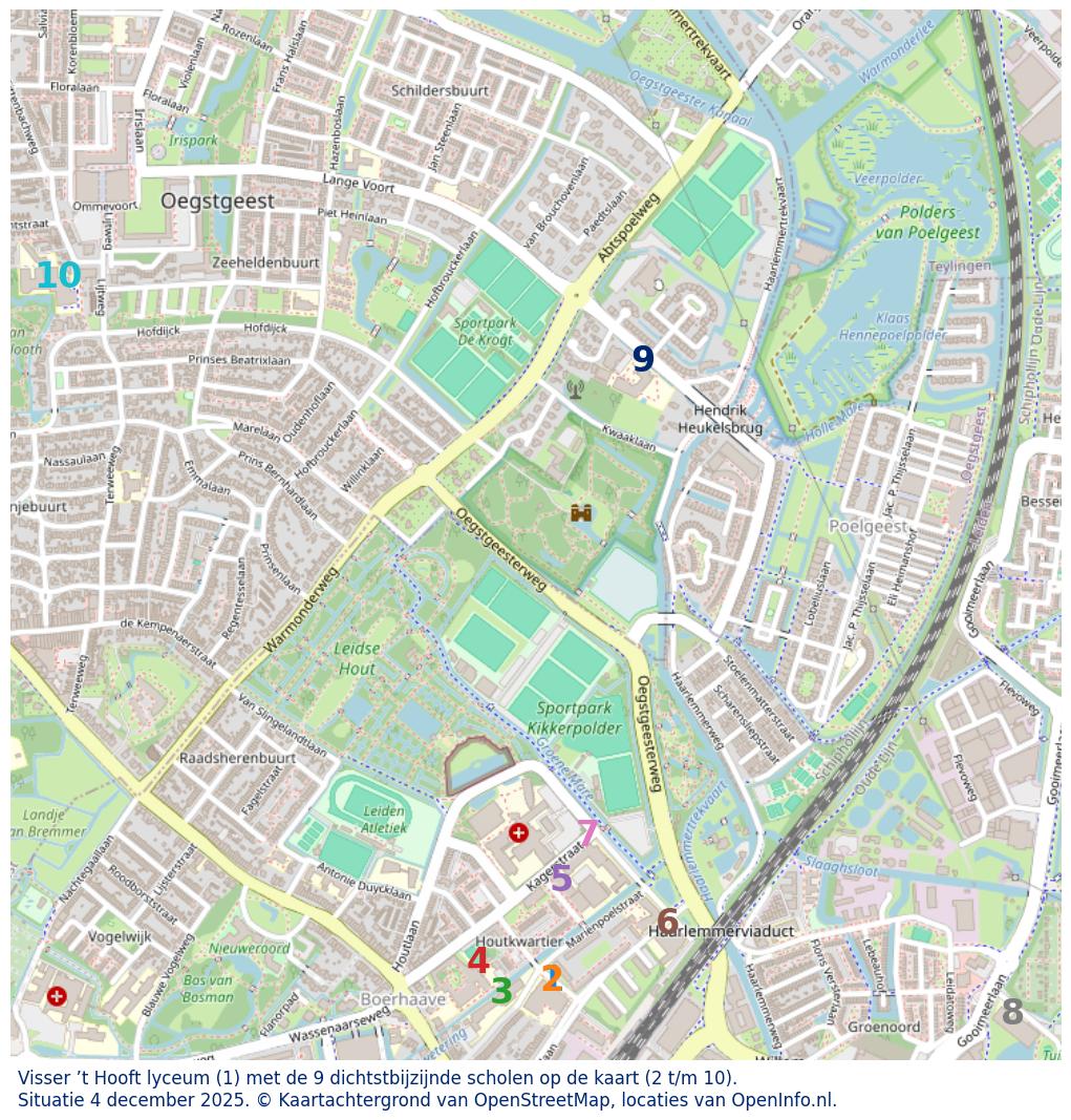 Kaart van de school met de tien dichtsbijzijnde scholen. Hierbij zijn de scholen genummerd van 1 tot en met 10. Nummer 1 is toegekend aan de schoolvestiging zelf: Visser ’t Hooft lyceum.