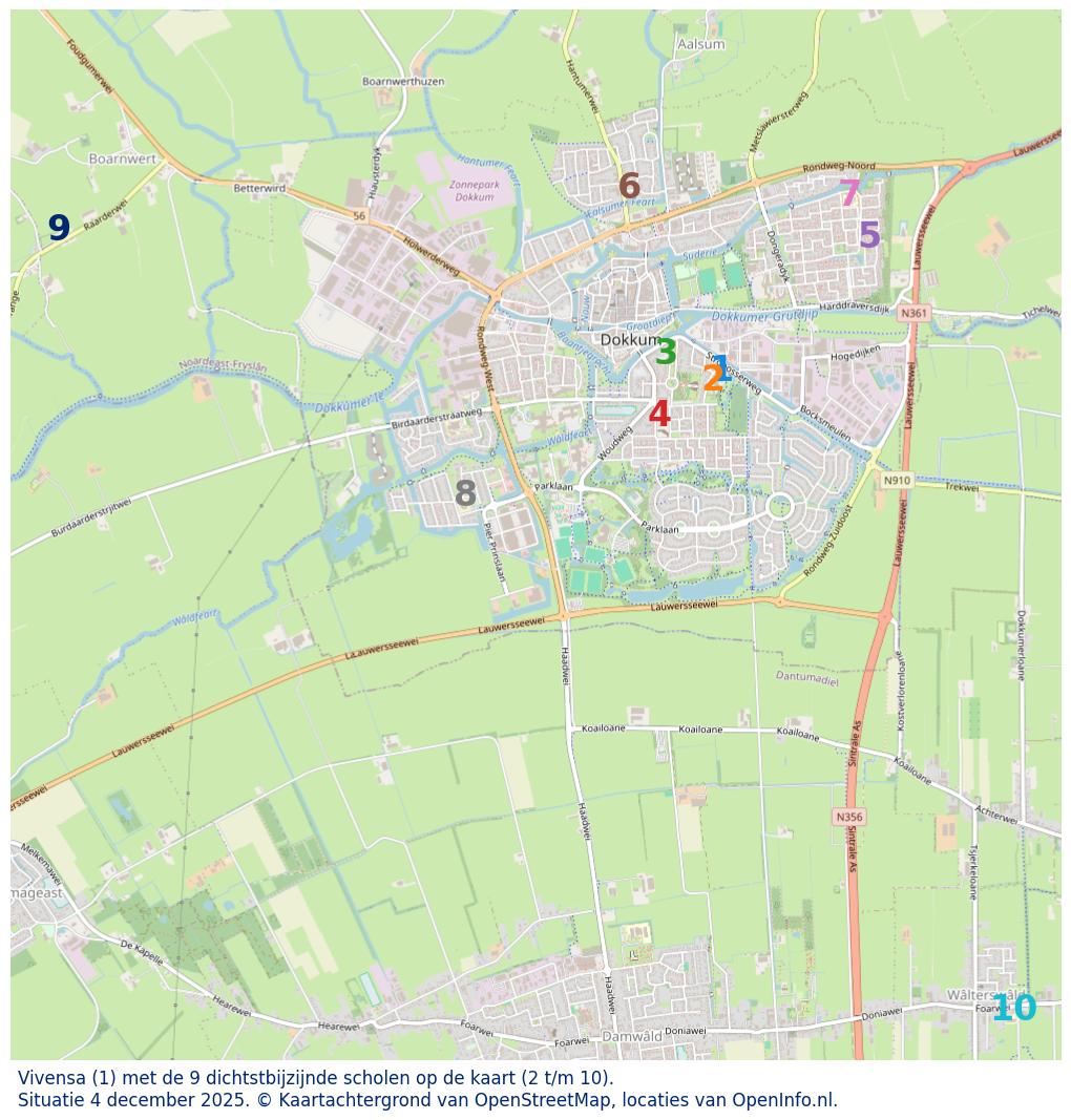 Kaart van de school met de tien dichtsbijzijnde scholen. Hierbij zijn de scholen genummerd van 1 tot en met 10. Nummer 1 is toegekend aan de schoolvestiging zelf: Vivensa.