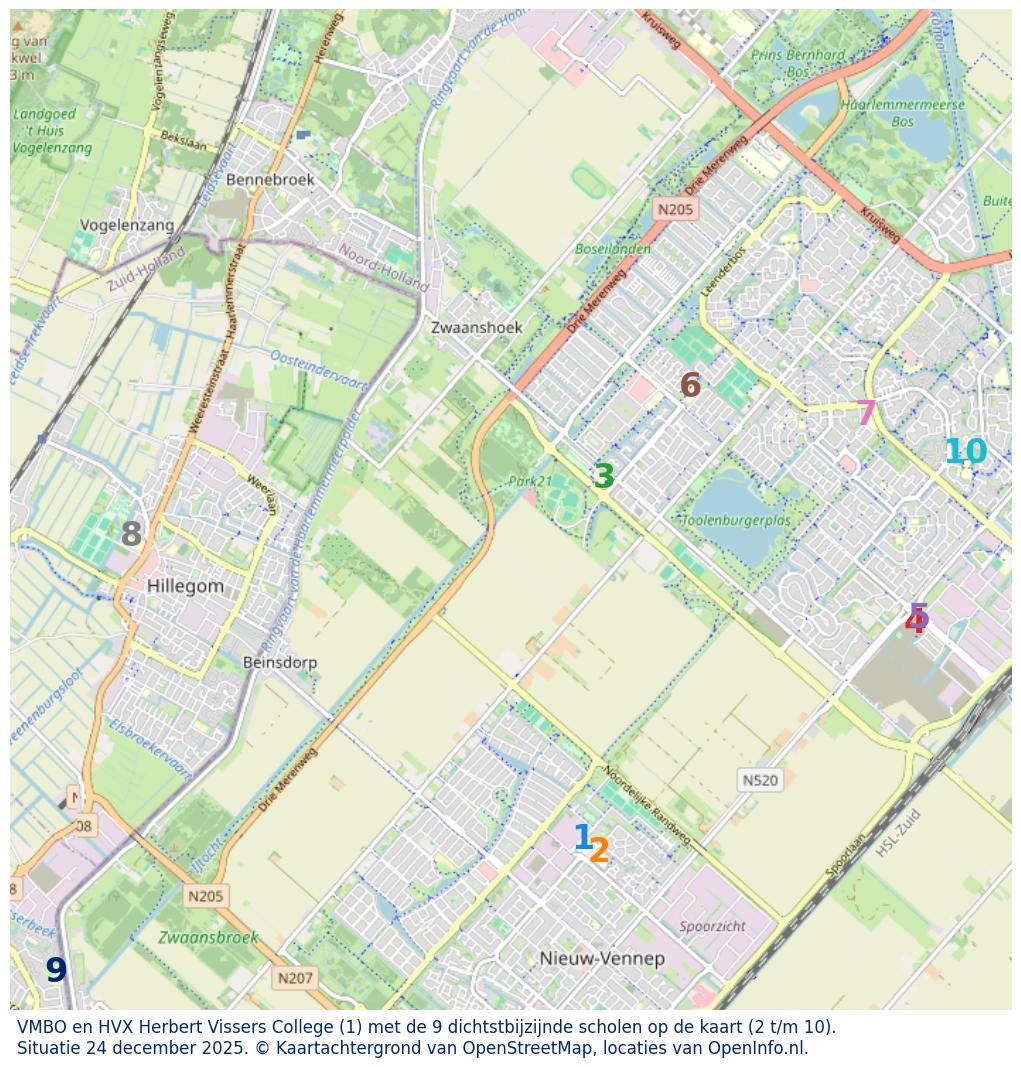 Kaart van de school met de tien dichtsbijzijnde scholen. Hierbij zijn de scholen genummerd van 1 tot en met 10. Nummer 1 is toegekend aan de schoolvestiging zelf: VMBO en HVX Herbert Vissers College.