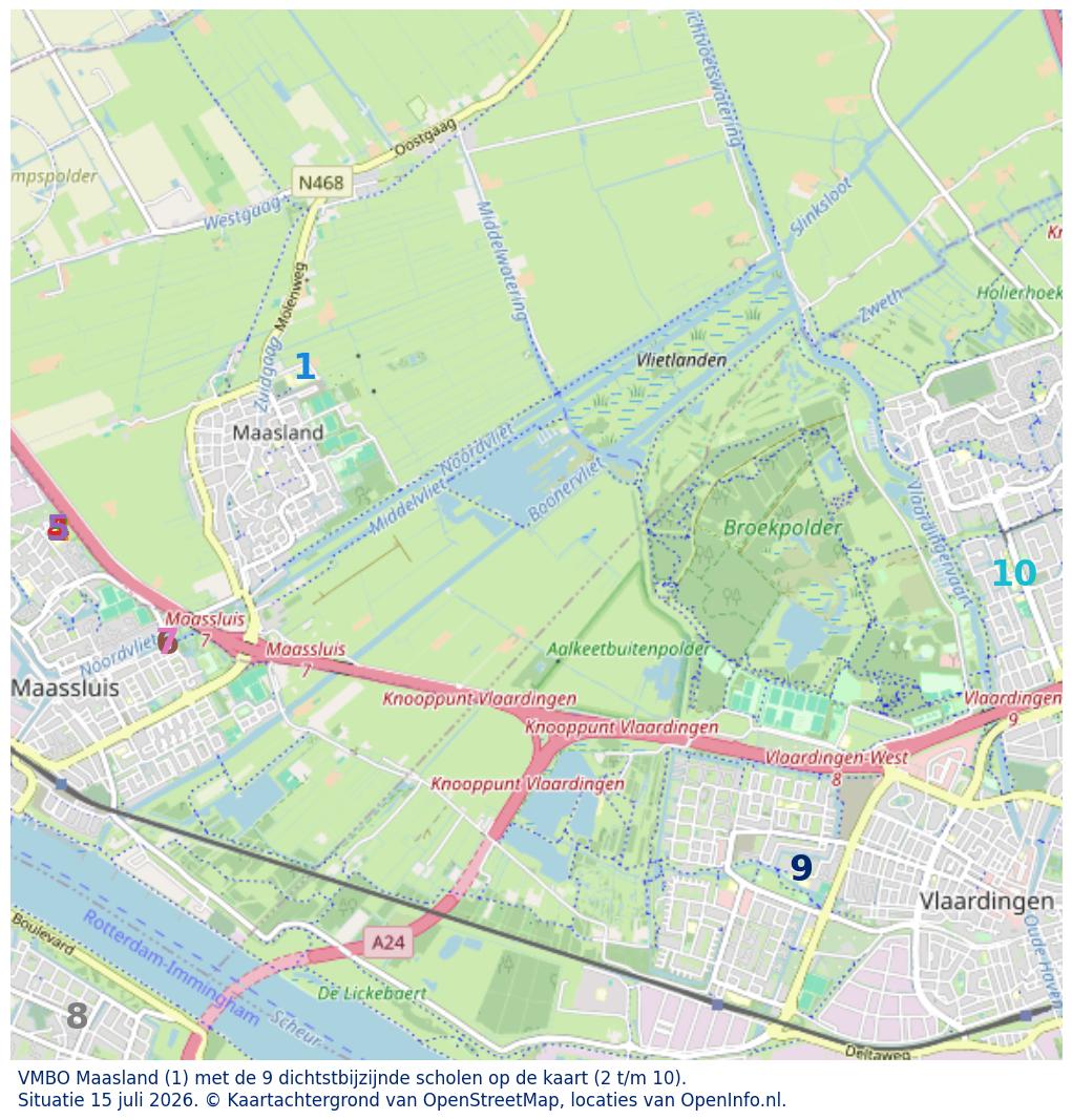 Kaart van de school met de tien dichtsbijzijnde scholen. Hierbij zijn de scholen genummerd van 1 tot en met 10. Nummer 1 is toegekend aan de schoolvestiging zelf: VMBO Maasland.