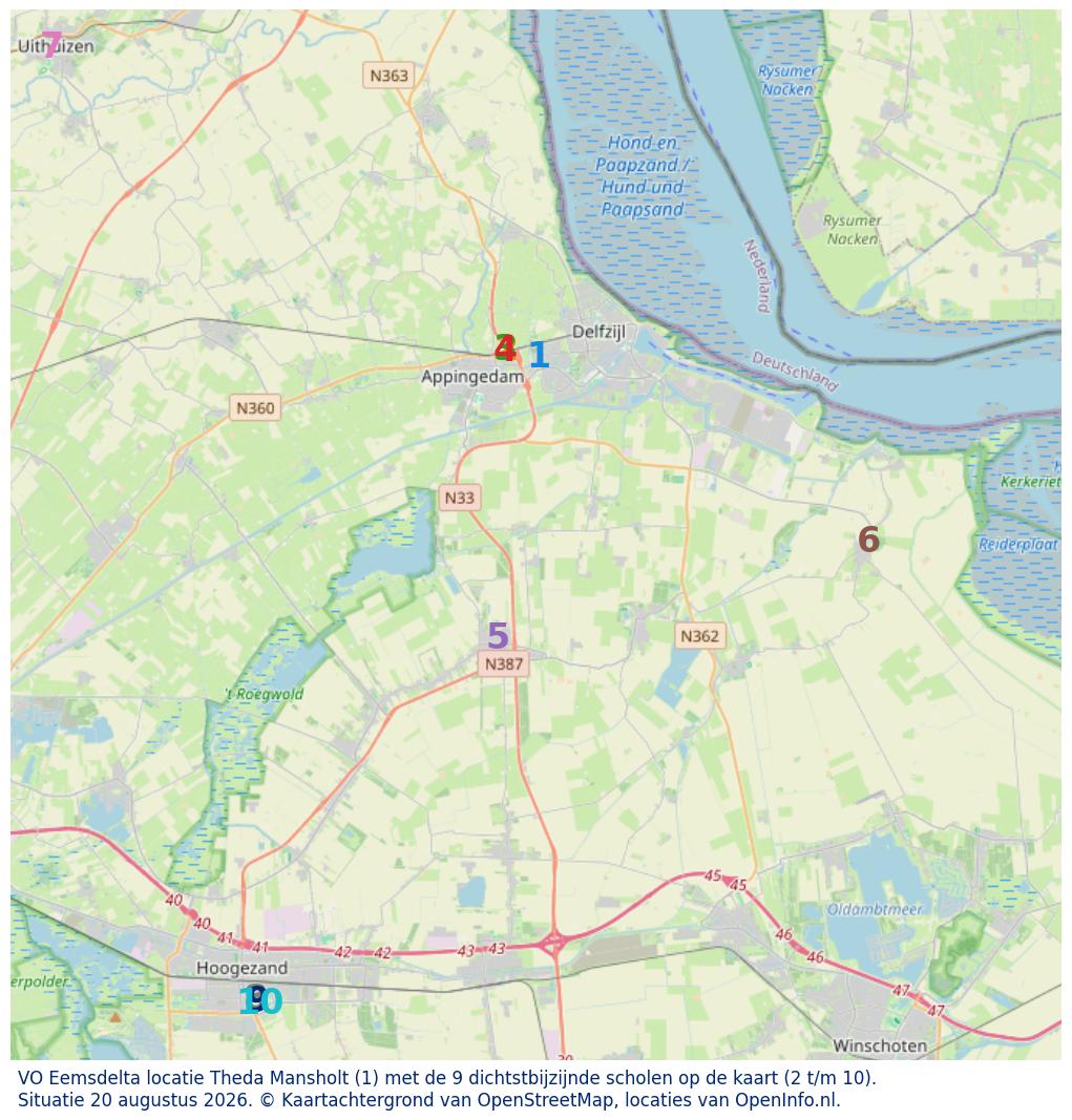 Kaart van de school met de tien dichtsbijzijnde scholen. Hierbij zijn de scholen genummerd van 1 tot en met 10. Nummer 1 is toegekend aan de schoolvestiging zelf: VO Eemsdelta locatie Theda Mansholt.