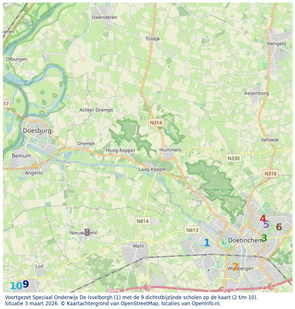 Kaart van de school met de tien dichtsbijzijnde scholen. Hierbij zijn de scholen genummerd van 1 tot en met 10. Nummer 1 is toegekend aan de schoolvestiging zelf: Voortgezet Speciaal Onderwijs De Isselborgh.