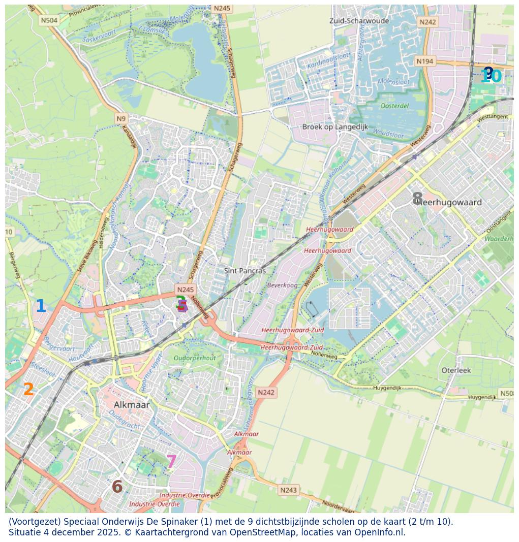 Kaart van de school met de tien dichtsbijzijnde scholen. Hierbij zijn de scholen genummerd van 1 tot en met 10. Nummer 1 is toegekend aan de schoolvestiging zelf: (Voortgezet) Speciaal Onderwijs De Spinaker.