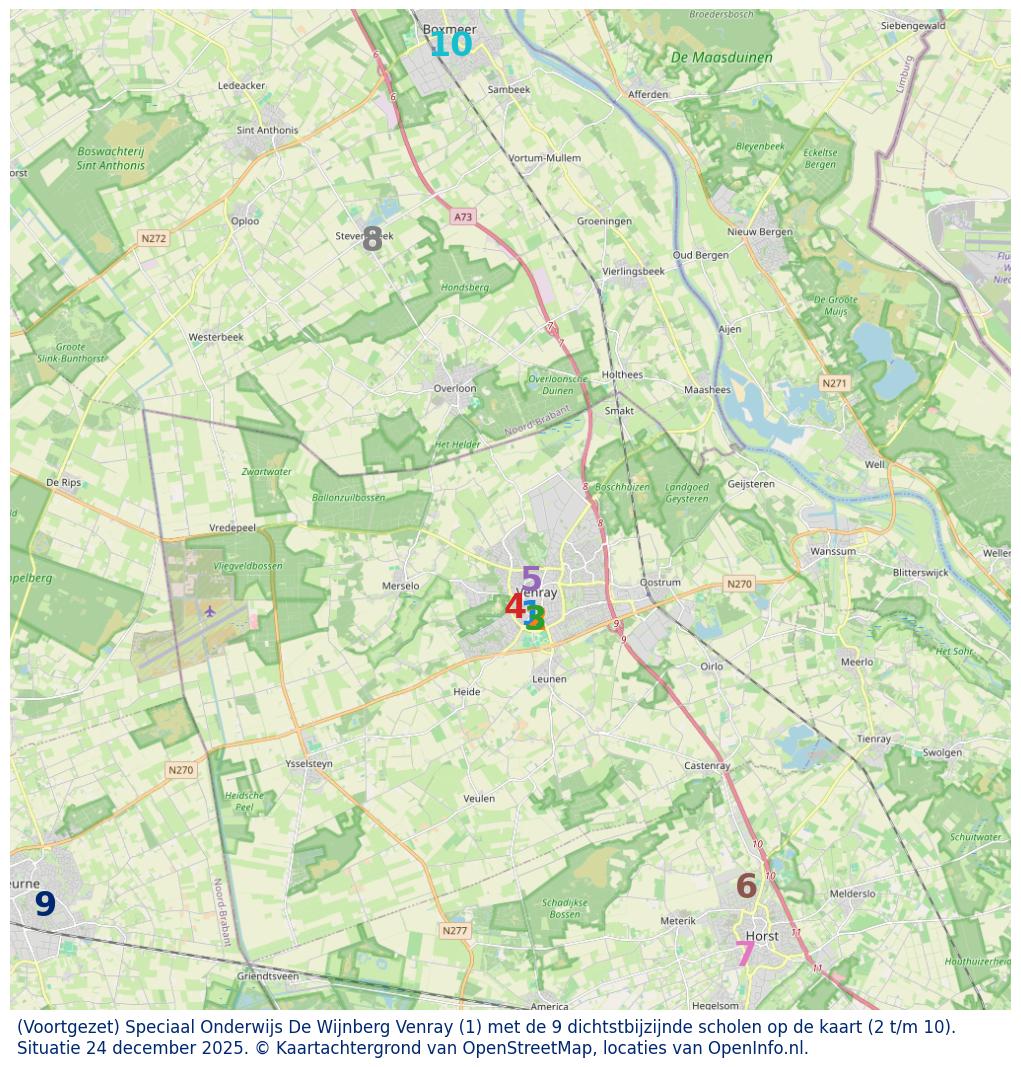 Kaart van de school met de tien dichtsbijzijnde scholen. Hierbij zijn de scholen genummerd van 1 tot en met 10. Nummer 1 is toegekend aan de schoolvestiging zelf: (Voortgezet) Speciaal Onderwijs De Wijnberg Venray.