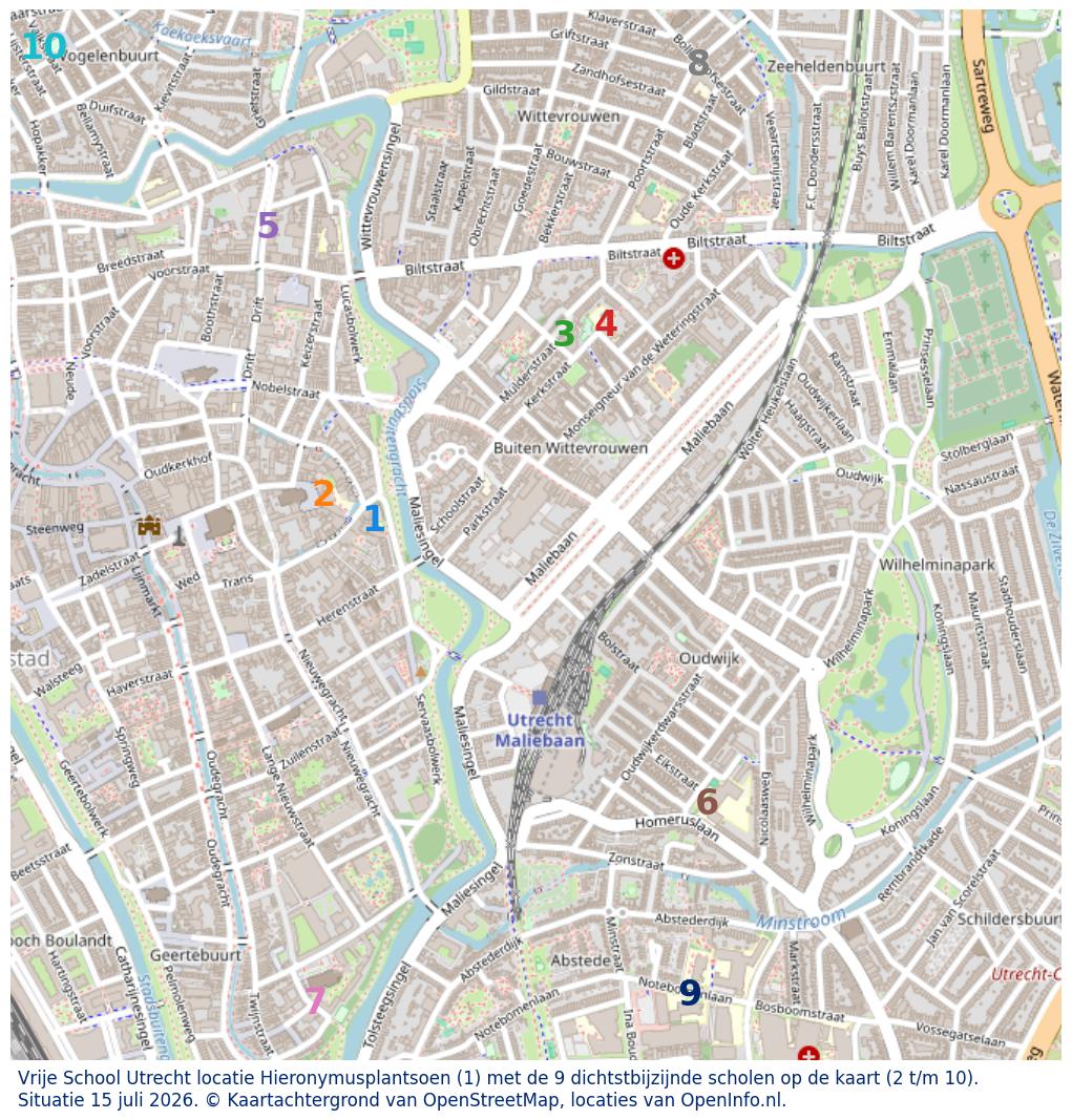 Kaart van de school met de tien dichtsbijzijnde scholen. Hierbij zijn de scholen genummerd van 1 tot en met 10. Nummer 1 is toegekend aan de schoolvestiging zelf: Vrije School Utrecht locatie Hieronymusplantsoen.