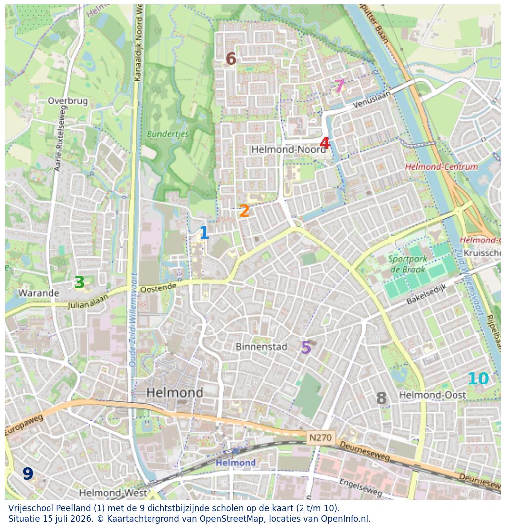 Kaart van de school met de tien dichtsbijzijnde scholen. Hierbij zijn de scholen genummerd van 1 tot en met 10. Nummer 1 is toegekend aan de schoolvestiging zelf: Vrijeschool Peelland.
