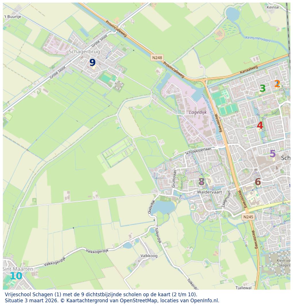 Kaart van de school met de tien dichtsbijzijnde scholen. Hierbij zijn de scholen genummerd van 1 tot en met 10. Nummer 1 is toegekend aan de schoolvestiging zelf: Vrijeschool Schagen.