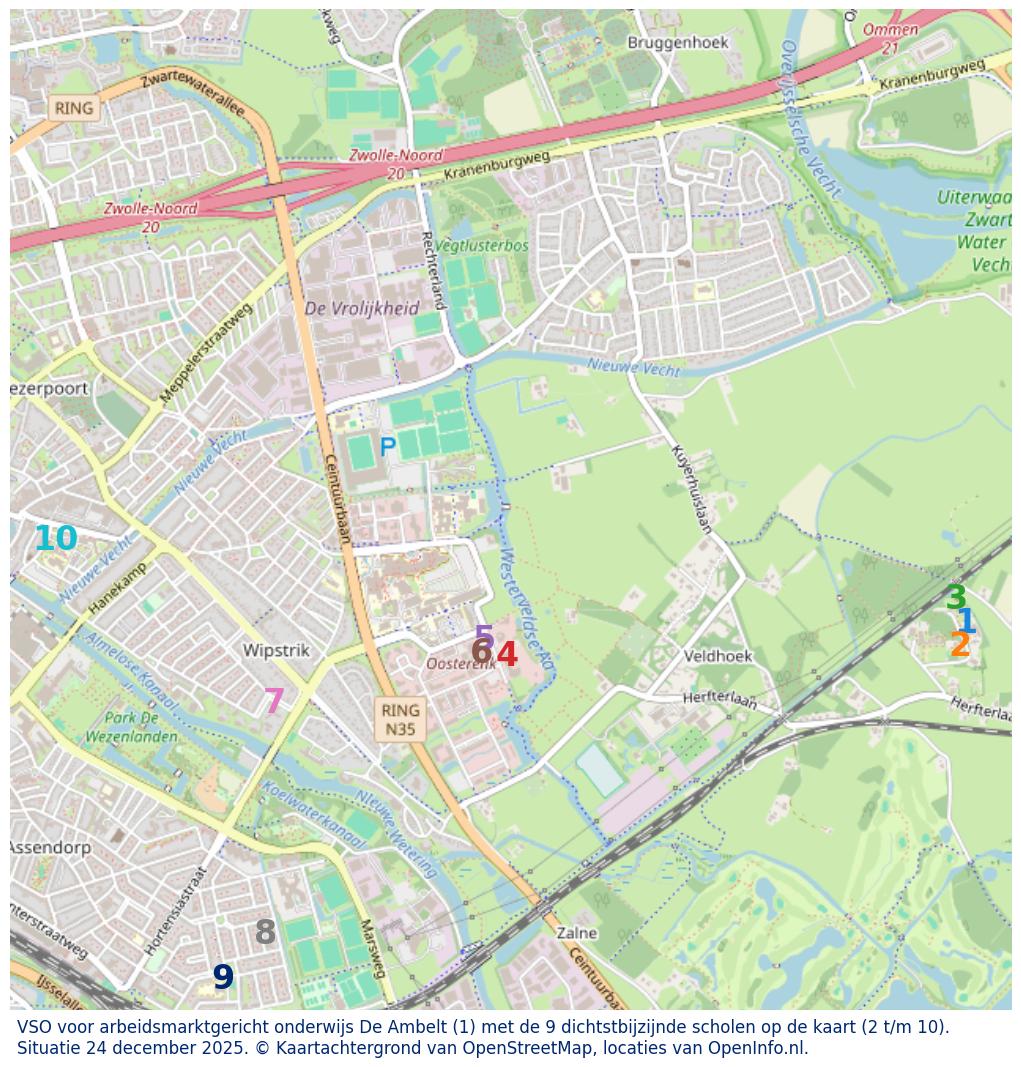 Kaart van de school met de tien dichtsbijzijnde scholen. Hierbij zijn de scholen genummerd van 1 tot en met 10. Nummer 1 is toegekend aan de schoolvestiging zelf: VSO voor arbeidsmarktgericht onderwijs De Ambelt.