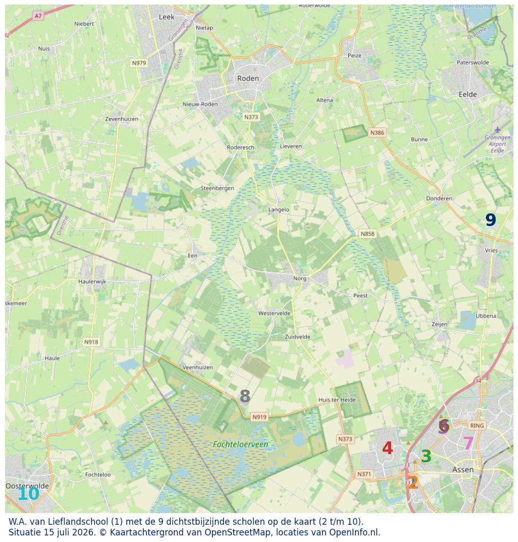 Kaart van de school met de tien dichtsbijzijnde scholen. Hierbij zijn de scholen genummerd van 1 tot en met 10. Nummer 1 is toegekend aan de schoolvestiging zelf: W.A. van Lieflandschool.