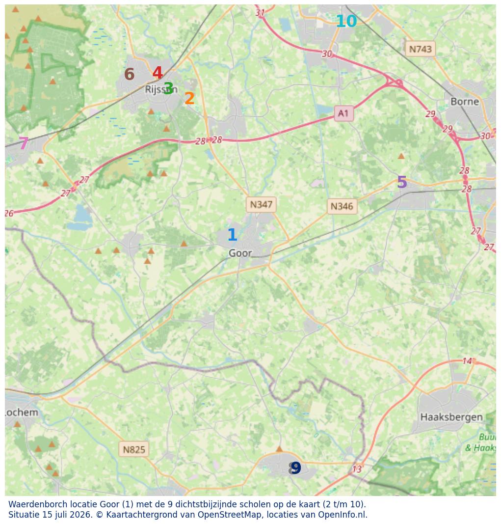 Kaart van de school met de tien dichtsbijzijnde scholen. Hierbij zijn de scholen genummerd van 1 tot en met 10. Nummer 1 is toegekend aan de schoolvestiging zelf: Waerdenborch locatie Goor.