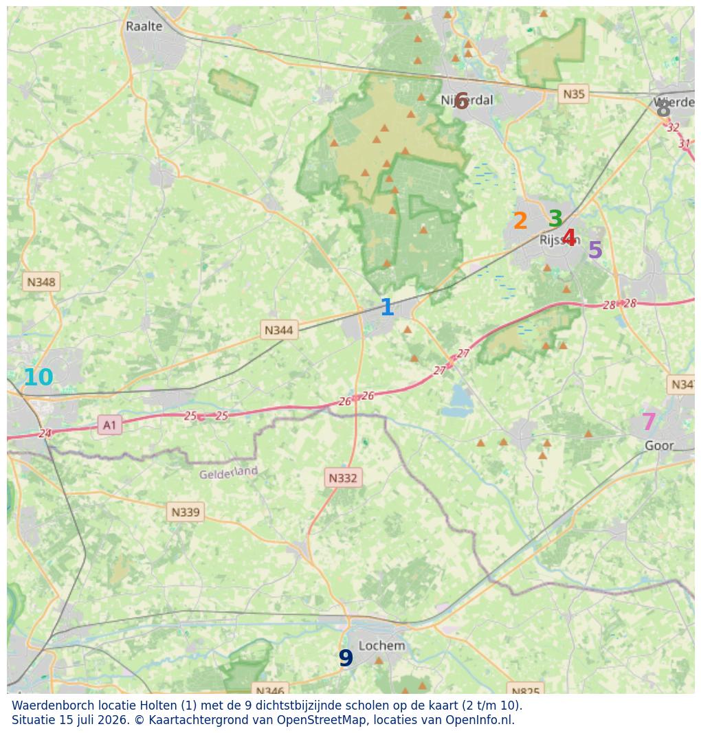 Kaart van de school met de tien dichtsbijzijnde scholen. Hierbij zijn de scholen genummerd van 1 tot en met 10. Nummer 1 is toegekend aan de schoolvestiging zelf: Waerdenborch locatie Holten.