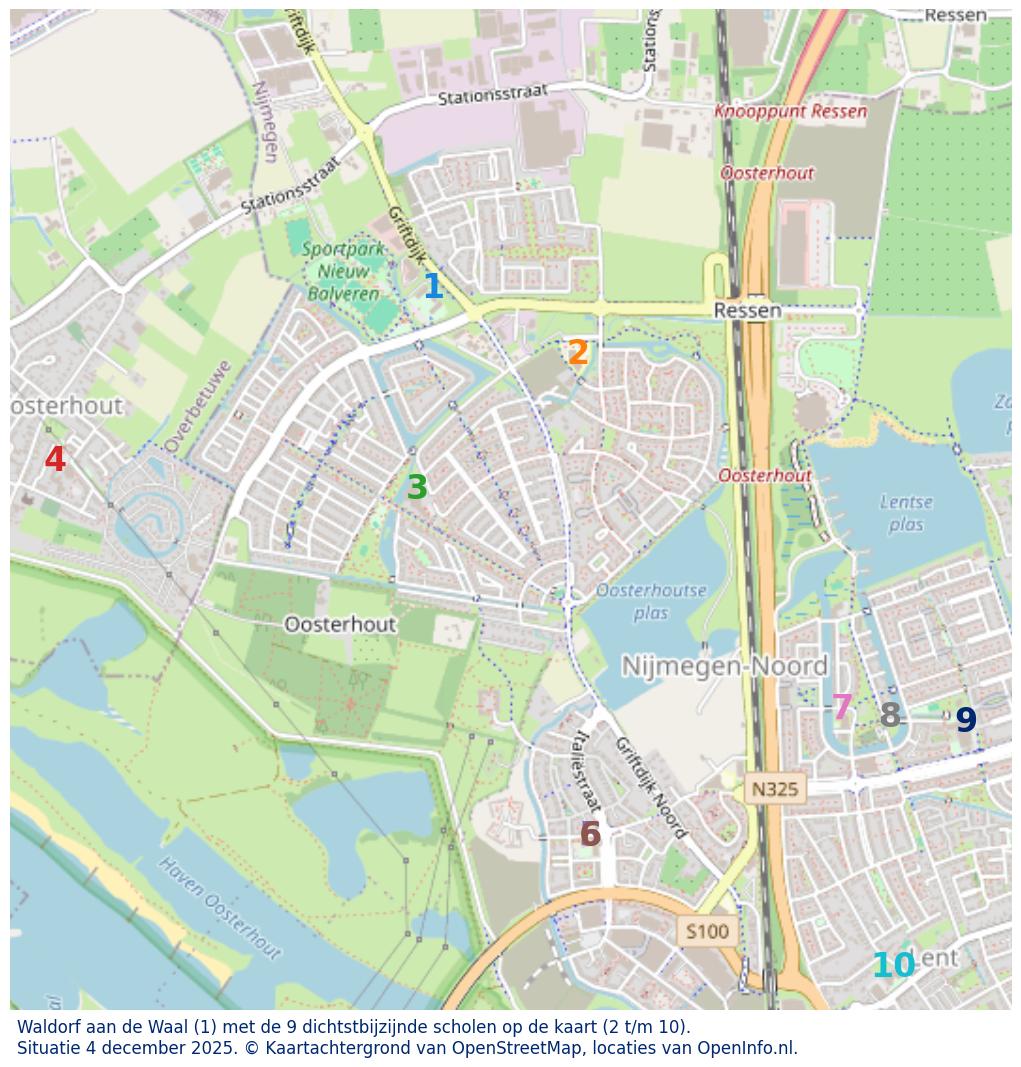 Kaart van de school met de tien dichtsbijzijnde scholen. Hierbij zijn de scholen genummerd van 1 tot en met 10. Nummer 1 is toegekend aan de schoolvestiging zelf: Waldorf aan de Waal.