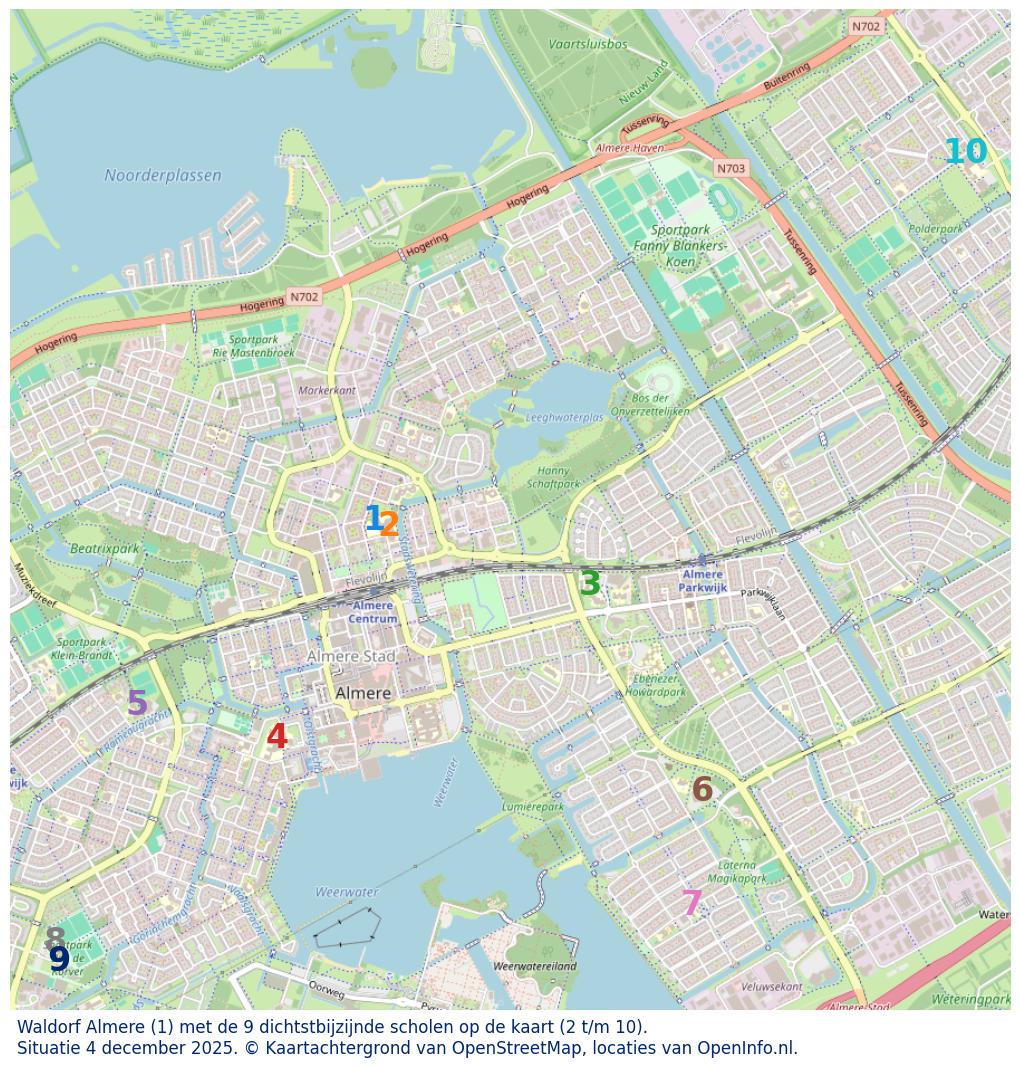 Kaart van de school met de tien dichtsbijzijnde scholen. Hierbij zijn de scholen genummerd van 1 tot en met 10. Nummer 1 is toegekend aan de schoolvestiging zelf: Waldorf Almere.