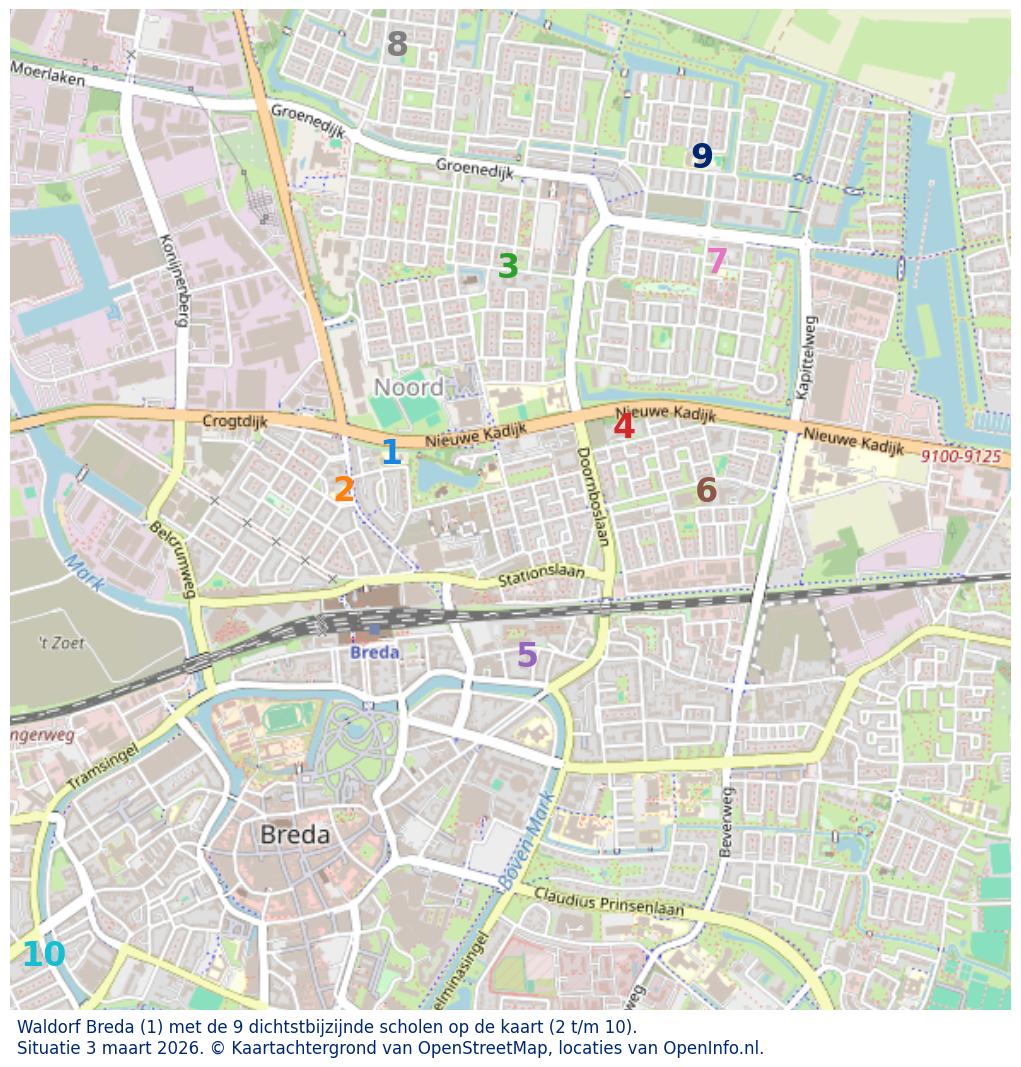 Kaart van de school met de tien dichtsbijzijnde scholen. Hierbij zijn de scholen genummerd van 1 tot en met 10. Nummer 1 is toegekend aan de schoolvestiging zelf: Waldorf Breda.