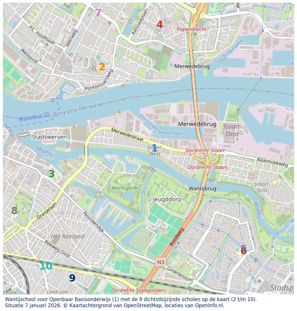 Kaart van de school met de tien dichtsbijzijnde scholen. Hierbij zijn de scholen genummerd van 1 tot en met 10. Nummer 1 is toegekend aan de schoolvestiging zelf: Wantijschool voor Openbaar Basisonderwijs.