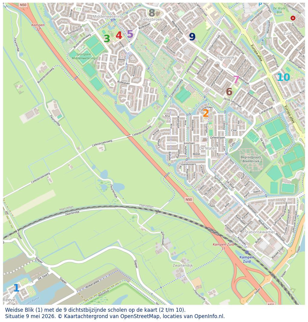 Kaart van de school met de tien dichtsbijzijnde scholen. Hierbij zijn de scholen genummerd van 1 tot en met 10. Nummer 1 is toegekend aan de schoolvestiging zelf: Weidse Blik.