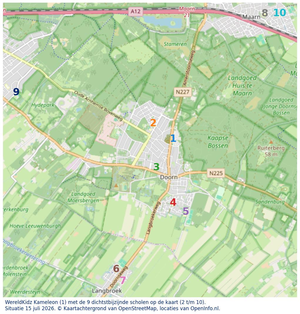 Kaart van de school met de tien dichtsbijzijnde scholen. Hierbij zijn de scholen genummerd van 1 tot en met 10. Nummer 1 is toegekend aan de schoolvestiging zelf: WereldKidz Kameleon.
