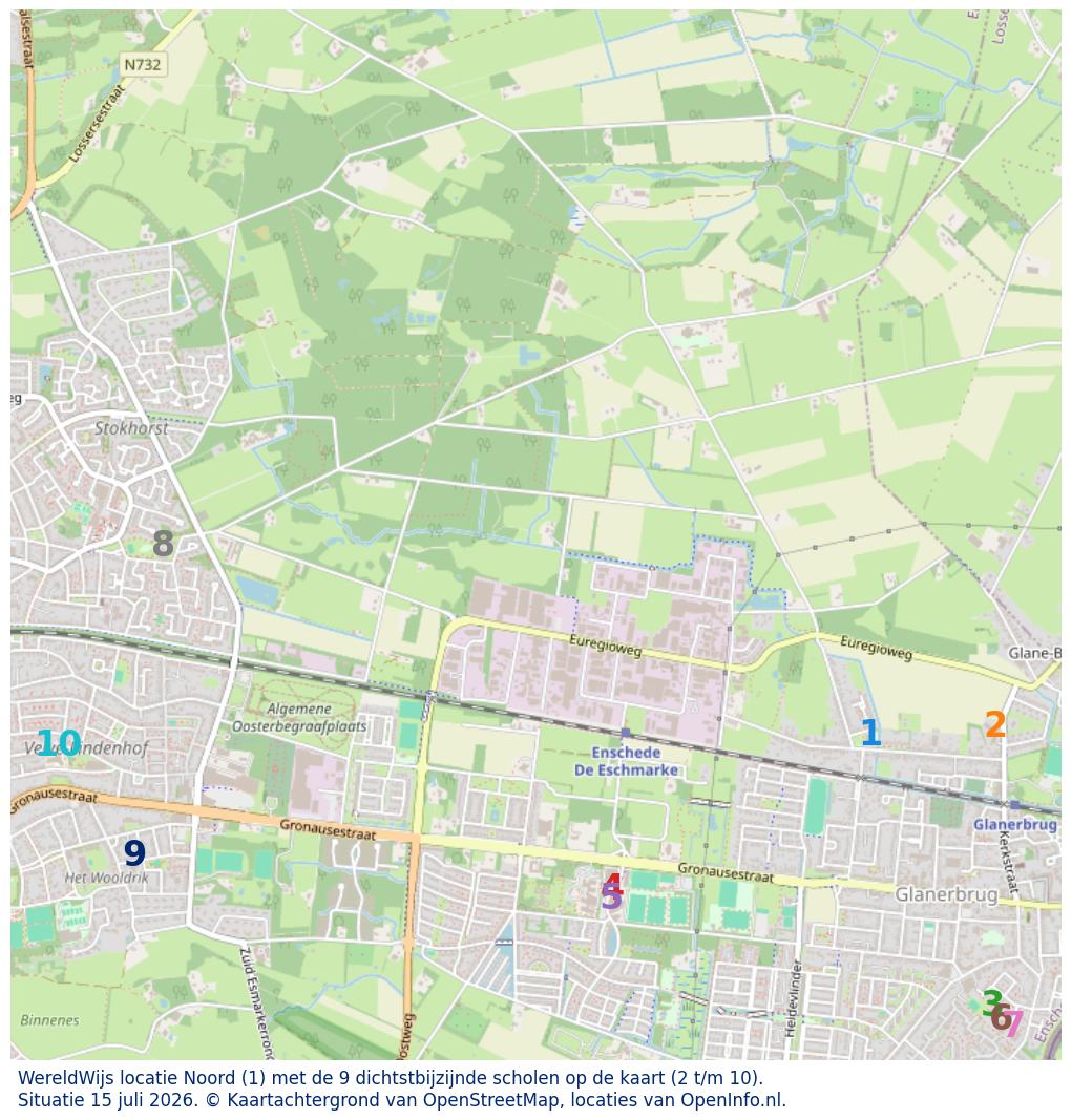 Kaart van de school met de tien dichtsbijzijnde scholen. Hierbij zijn de scholen genummerd van 1 tot en met 10. Nummer 1 is toegekend aan de schoolvestiging zelf: WereldWijs locatie Noord.