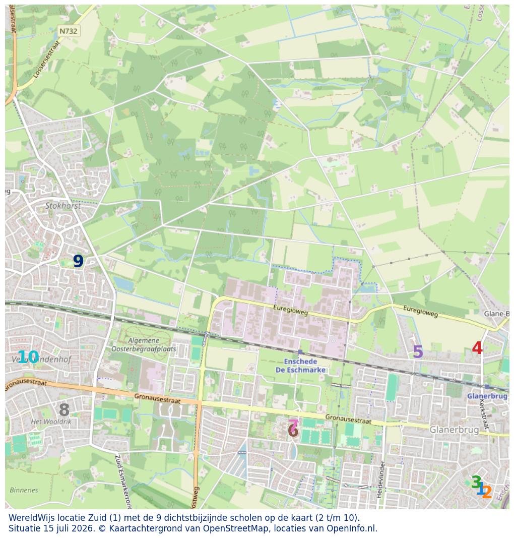 Kaart van de school met de tien dichtsbijzijnde scholen. Hierbij zijn de scholen genummerd van 1 tot en met 10. Nummer 1 is toegekend aan de schoolvestiging zelf: WereldWijs locatie Zuid.
