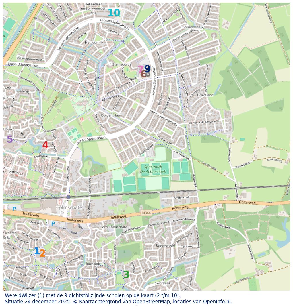 Kaart van de school met de tien dichtsbijzijnde scholen. Hierbij zijn de scholen genummerd van 1 tot en met 10. Nummer 1 is toegekend aan de schoolvestiging zelf: WereldWijzer.