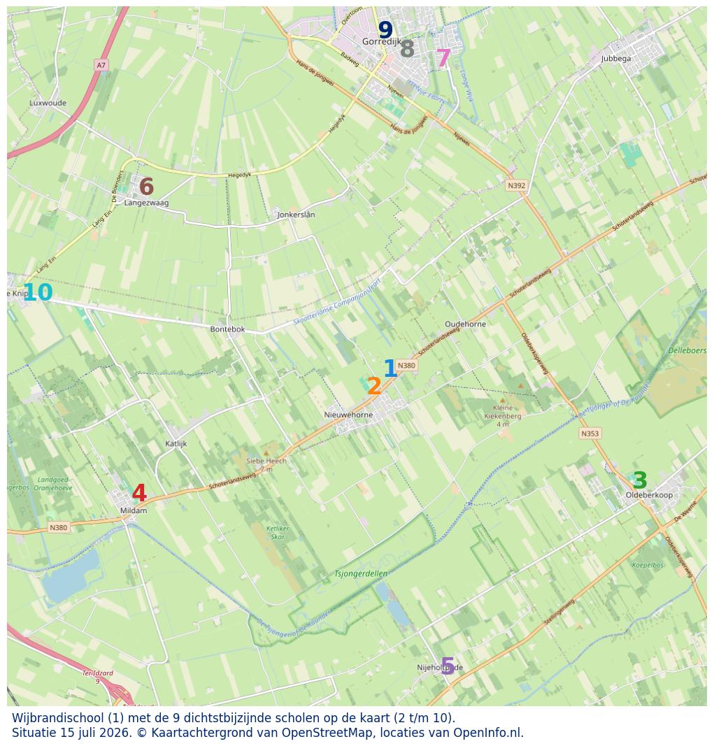 Kaart van de school met de tien dichtsbijzijnde scholen. Hierbij zijn de scholen genummerd van 1 tot en met 10. Nummer 1 is toegekend aan de schoolvestiging zelf: Wijbrandischool.