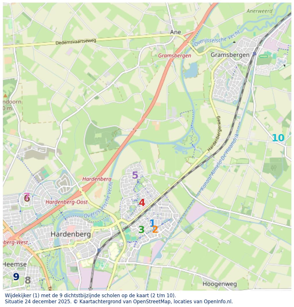 Kaart van de school met de tien dichtsbijzijnde scholen. Hierbij zijn de scholen genummerd van 1 tot en met 10. Nummer 1 is toegekend aan de schoolvestiging zelf: Wijdekijker.