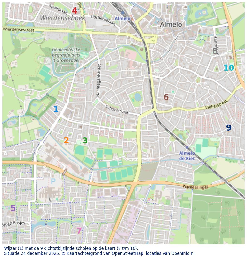 Kaart van de school met de tien dichtsbijzijnde scholen. Hierbij zijn de scholen genummerd van 1 tot en met 10. Nummer 1 is toegekend aan de schoolvestiging zelf: Wijzer.