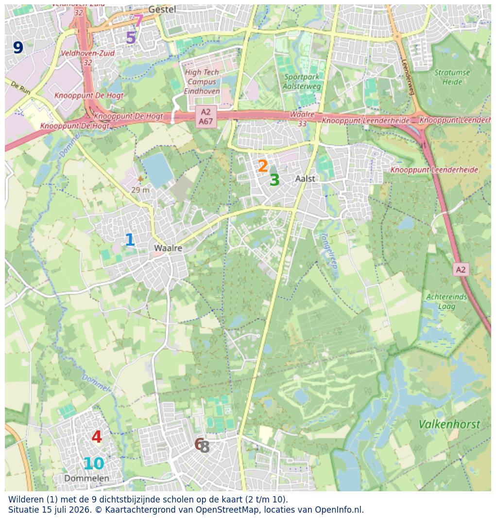 Kaart van de school met de tien dichtsbijzijnde scholen. Hierbij zijn de scholen genummerd van 1 tot en met 10. Nummer 1 is toegekend aan de schoolvestiging zelf: Wilderen.