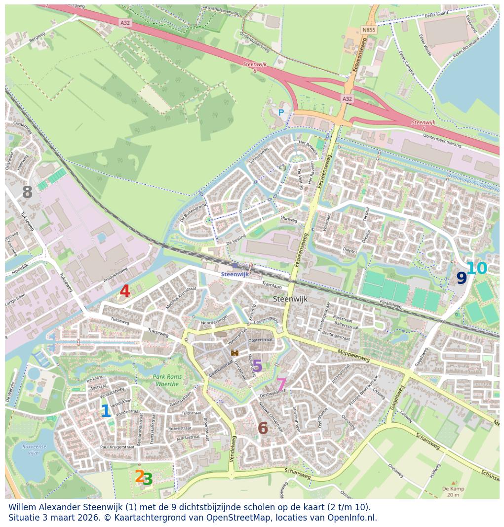 Kaart van de school met de tien dichtsbijzijnde scholen. Hierbij zijn de scholen genummerd van 1 tot en met 10. Nummer 1 is toegekend aan de schoolvestiging zelf: Willem Alexander Steenwijk.