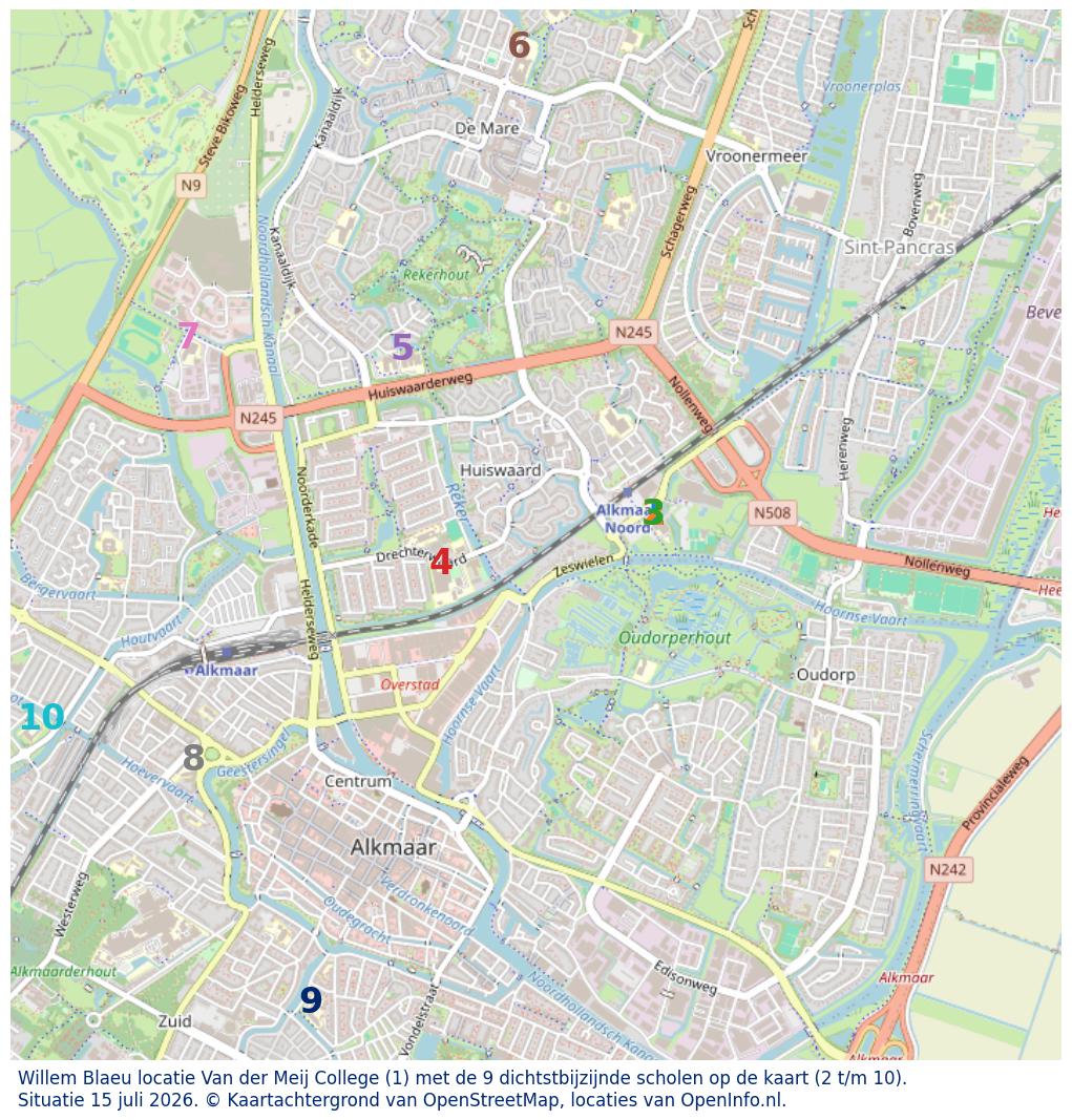 Kaart van de school met de tien dichtsbijzijnde scholen. Hierbij zijn de scholen genummerd van 1 tot en met 10. Nummer 1 is toegekend aan de schoolvestiging zelf: Willem Blaeu locatie Van der Meij College.