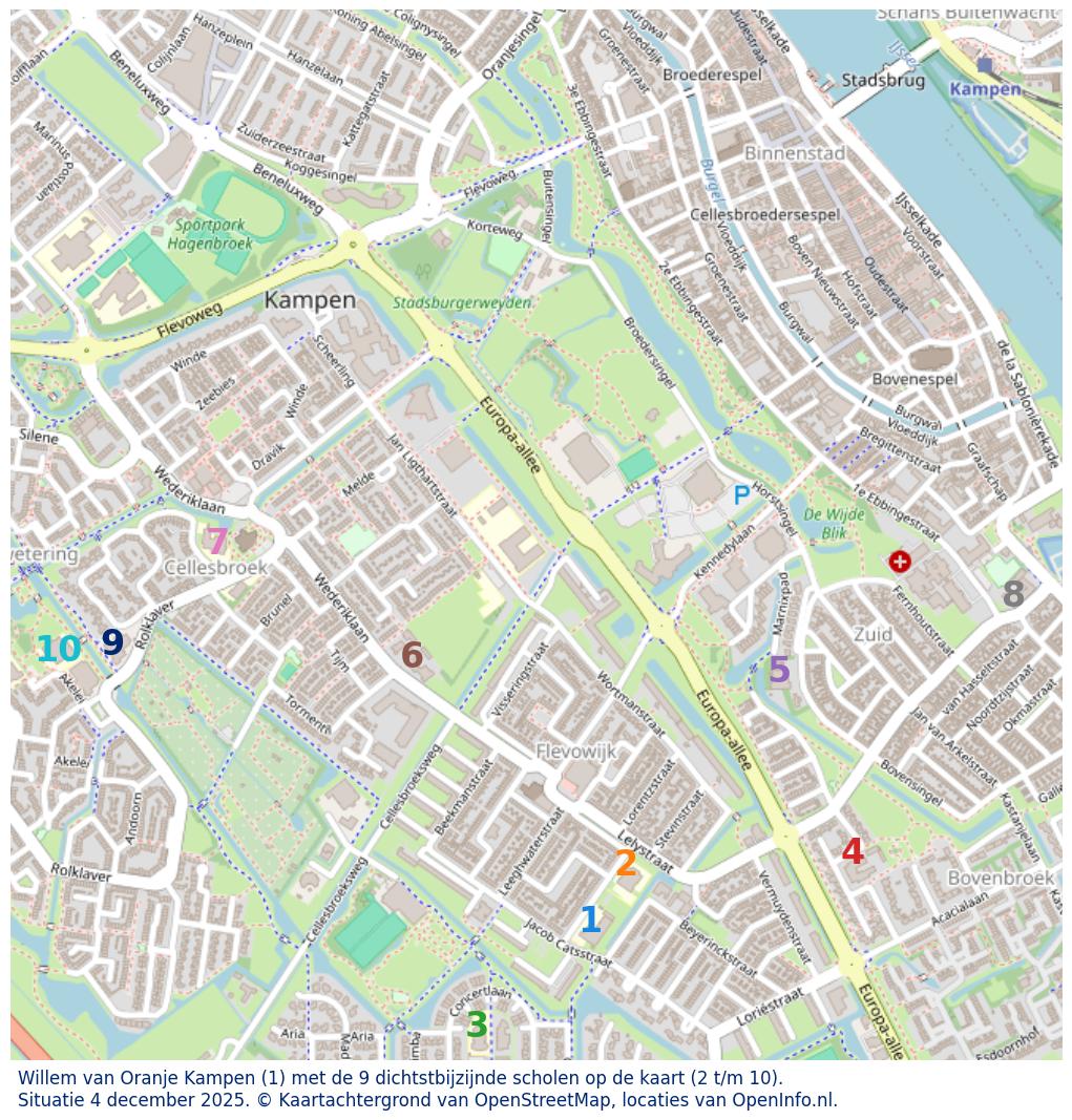 Kaart van de school met de tien dichtsbijzijnde scholen. Hierbij zijn de scholen genummerd van 1 tot en met 10. Nummer 1 is toegekend aan de schoolvestiging zelf: Willem van Oranje Kampen.