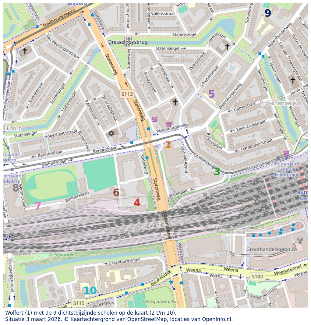 Kaart van de school met de tien dichtsbijzijnde scholen. Hierbij zijn de scholen genummerd van 1 tot en met 10. Nummer 1 is toegekend aan de schoolvestiging zelf: Wolfert.