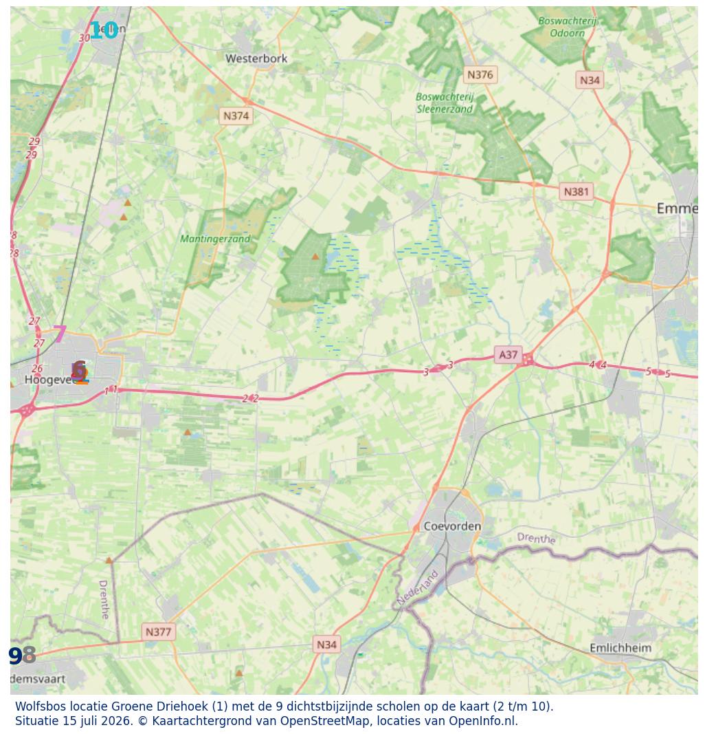 Kaart van de school met de tien dichtsbijzijnde scholen. Hierbij zijn de scholen genummerd van 1 tot en met 10. Nummer 1 is toegekend aan de schoolvestiging zelf: Wolfsbos locatie Groene Driehoek.