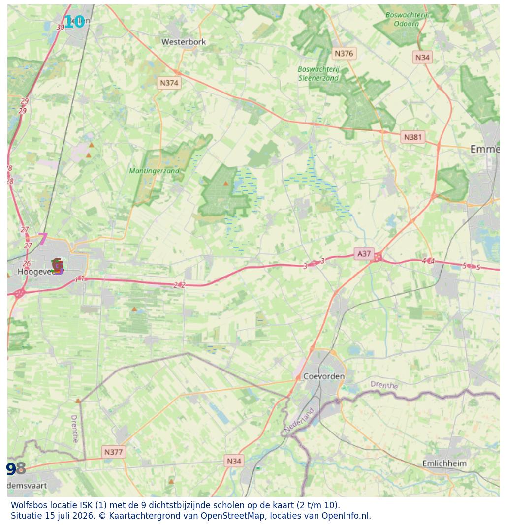 Kaart van de school met de tien dichtsbijzijnde scholen. Hierbij zijn de scholen genummerd van 1 tot en met 10. Nummer 1 is toegekend aan de schoolvestiging zelf: Wolfsbos locatie ISK.