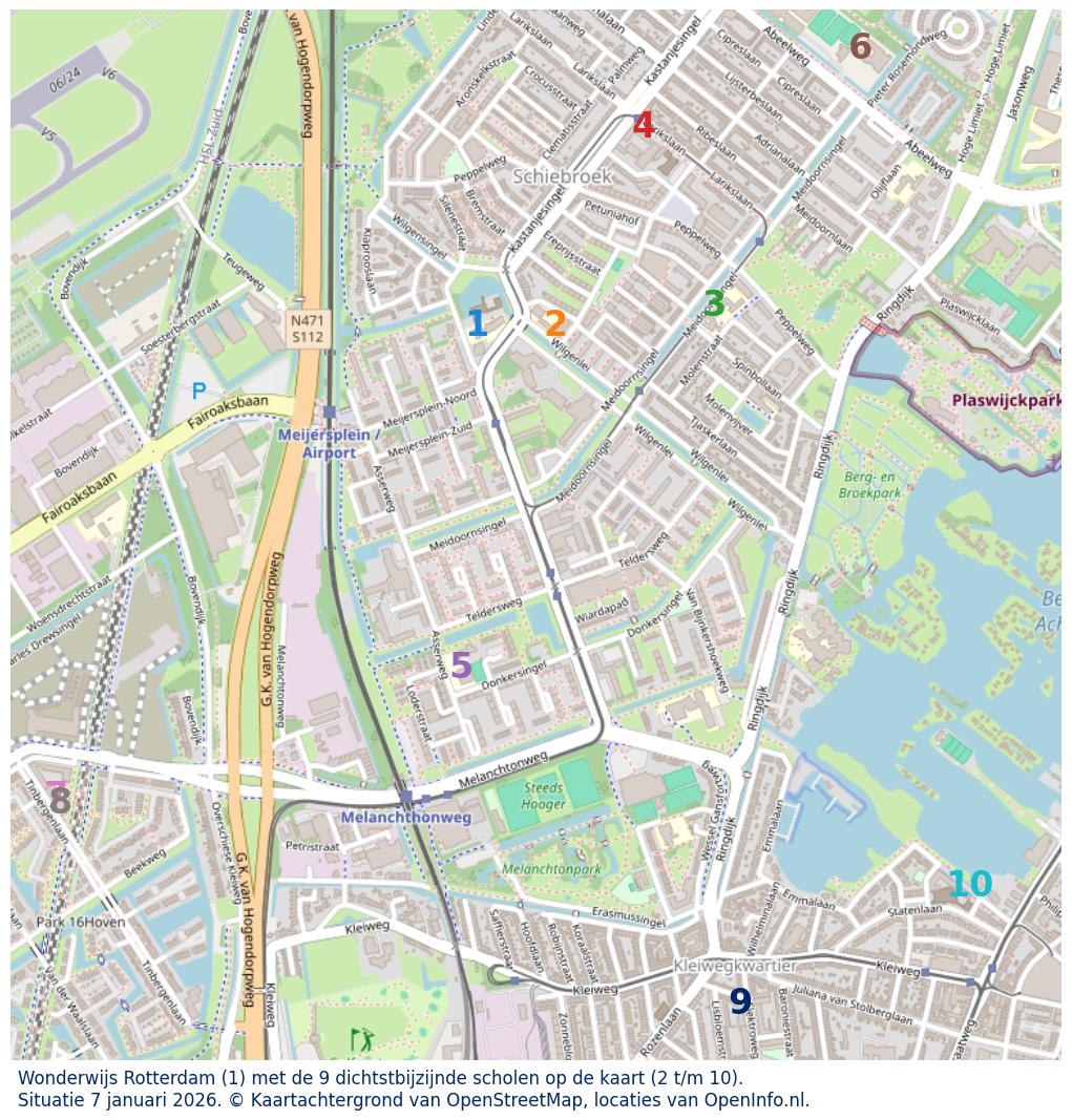 Kaart van de school met de tien dichtsbijzijnde scholen. Hierbij zijn de scholen genummerd van 1 tot en met 10. Nummer 1 is toegekend aan de schoolvestiging zelf: Wonderwijs Rotterdam.