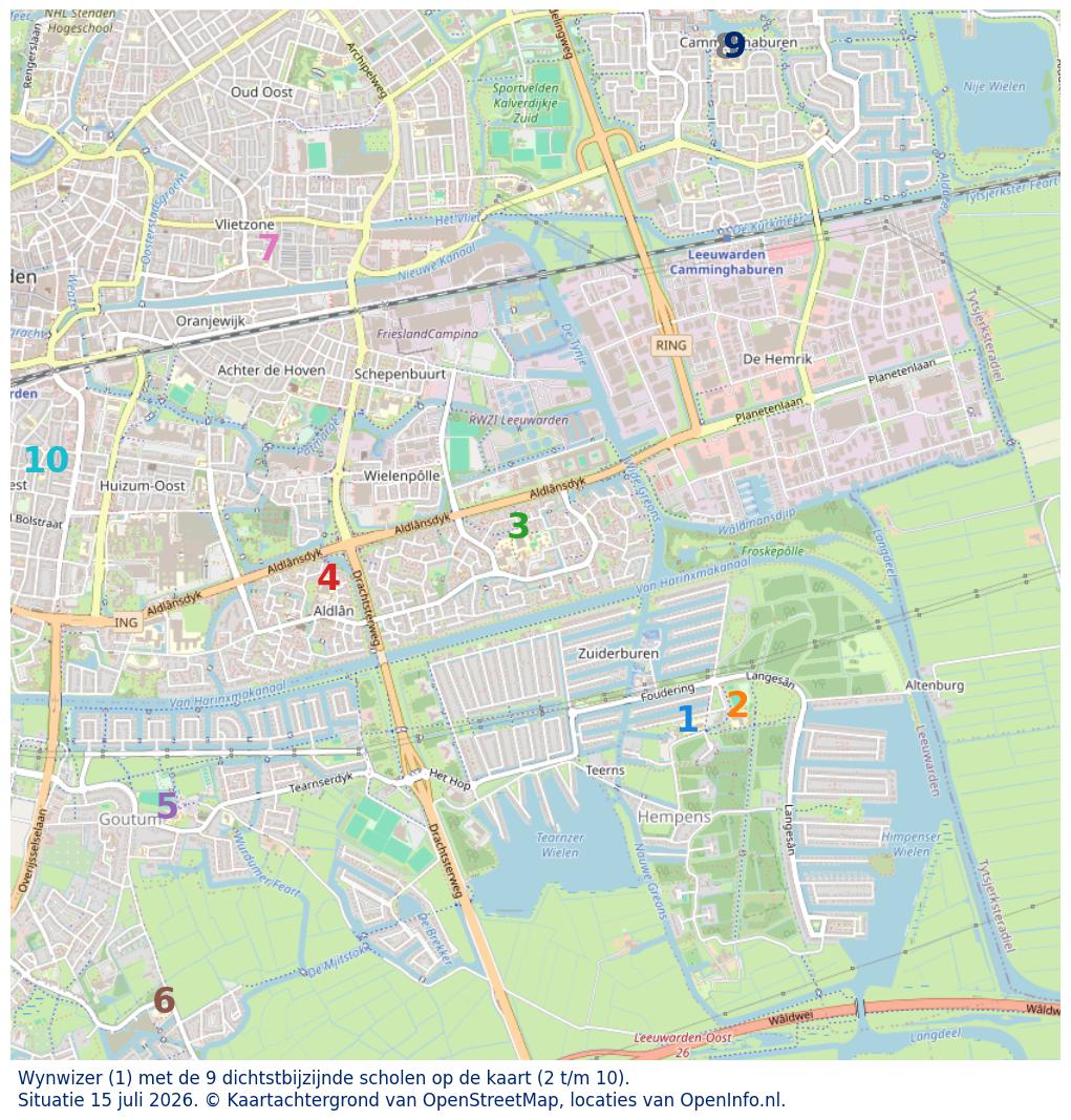 Kaart van de school met de tien dichtsbijzijnde scholen. Hierbij zijn de scholen genummerd van 1 tot en met 10. Nummer 1 is toegekend aan de schoolvestiging zelf: Wynwizer.