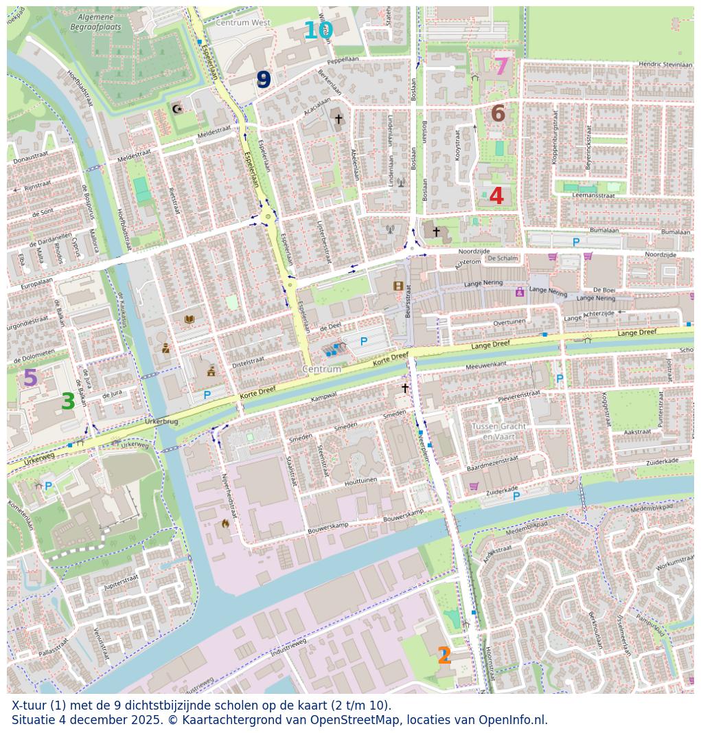 Kaart van de school met de tien dichtsbijzijnde scholen. Hierbij zijn de scholen genummerd van 1 tot en met 10. Nummer 1 is toegekend aan de schoolvestiging zelf: X-tuur.