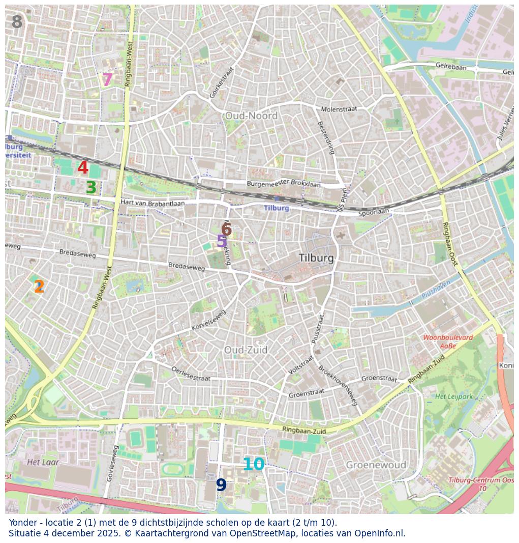 Kaart van de school met de tien dichtsbijzijnde scholen. Hierbij zijn de scholen genummerd van 1 tot en met 10. Nummer 1 is toegekend aan de schoolvestiging zelf: Yonder - locatie 2.